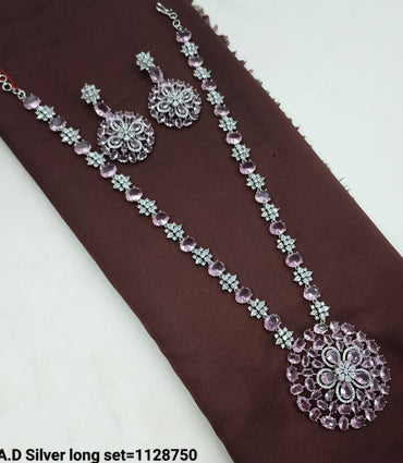 American Diamond Silver Long Necklace Set with Floral Pendant Design