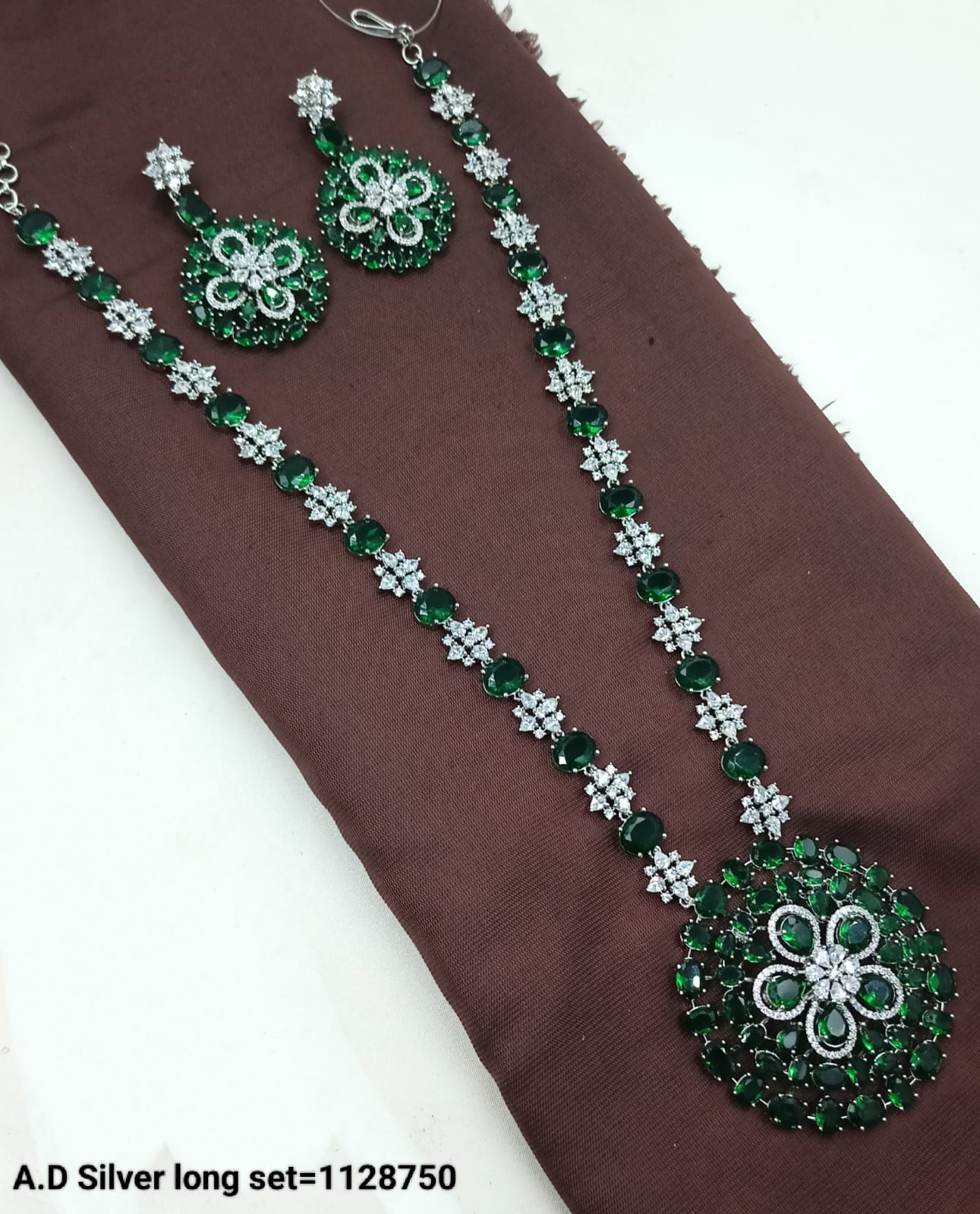 American Diamond Silver Long Necklace Set with Floral Pendant Design