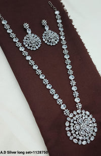 American Diamond Silver Long Necklace Set with Floral Pendant Design