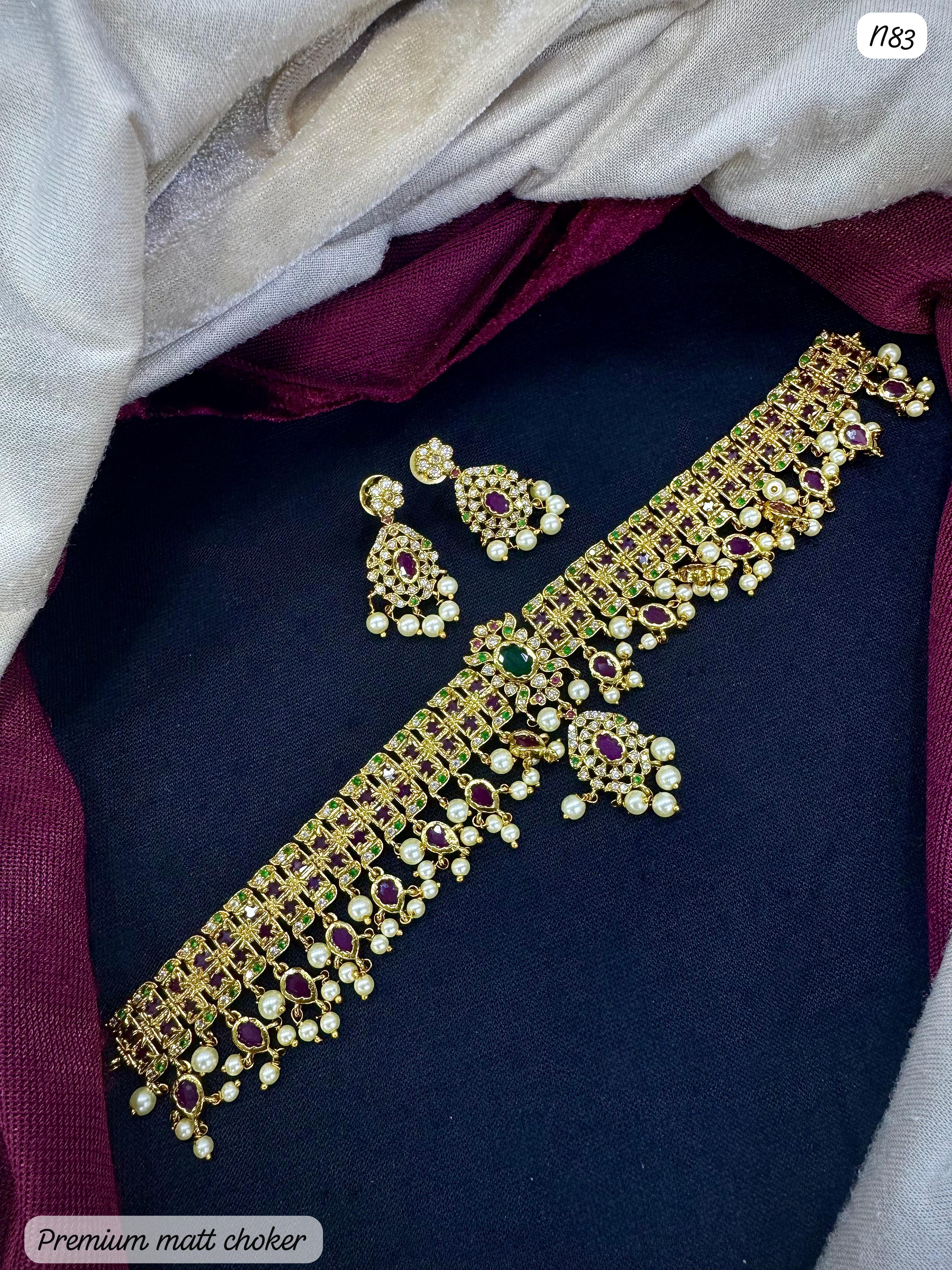 Premium Matte Finish Choker Necklace and Earring Set with Pearl Detailing