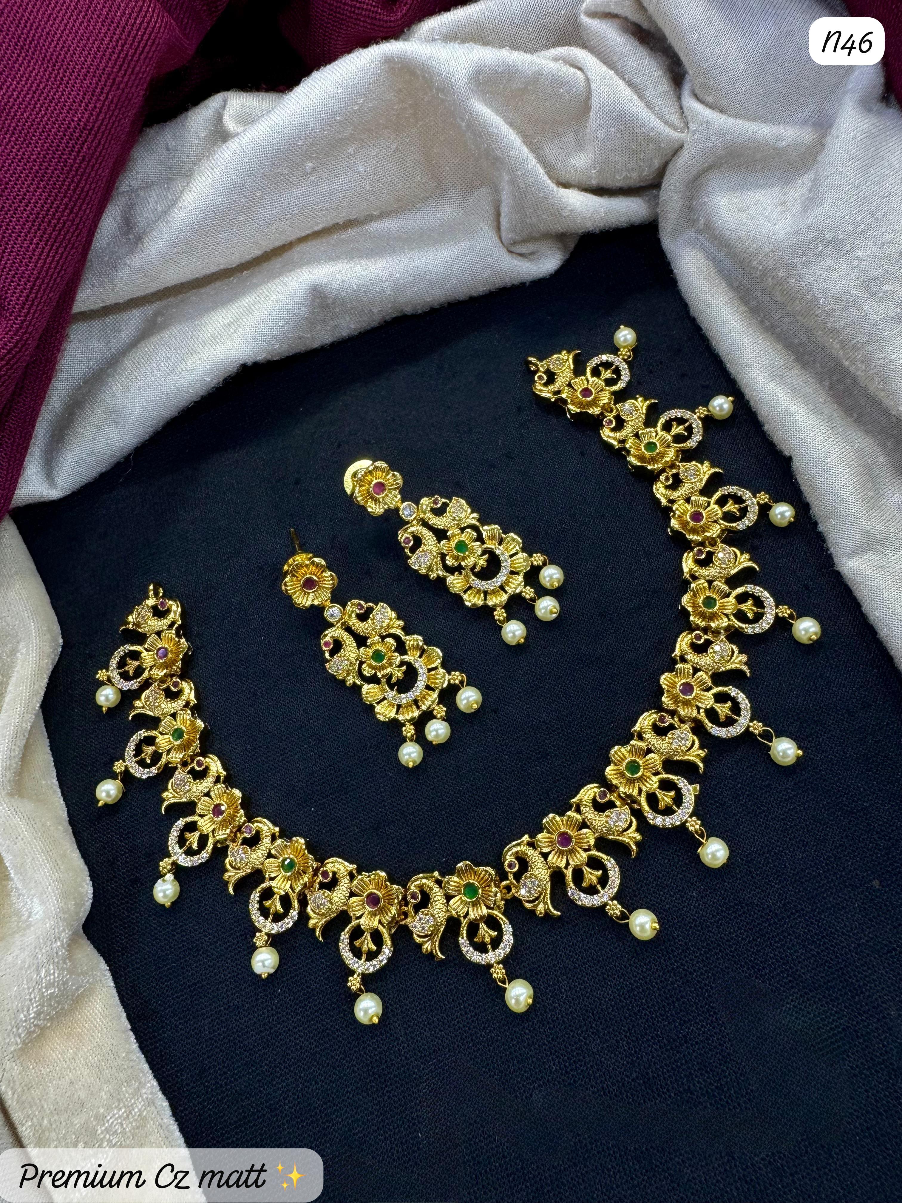 Premium AD Gold Necklace & Earrings Set – Elegant Floral Design with Pearls