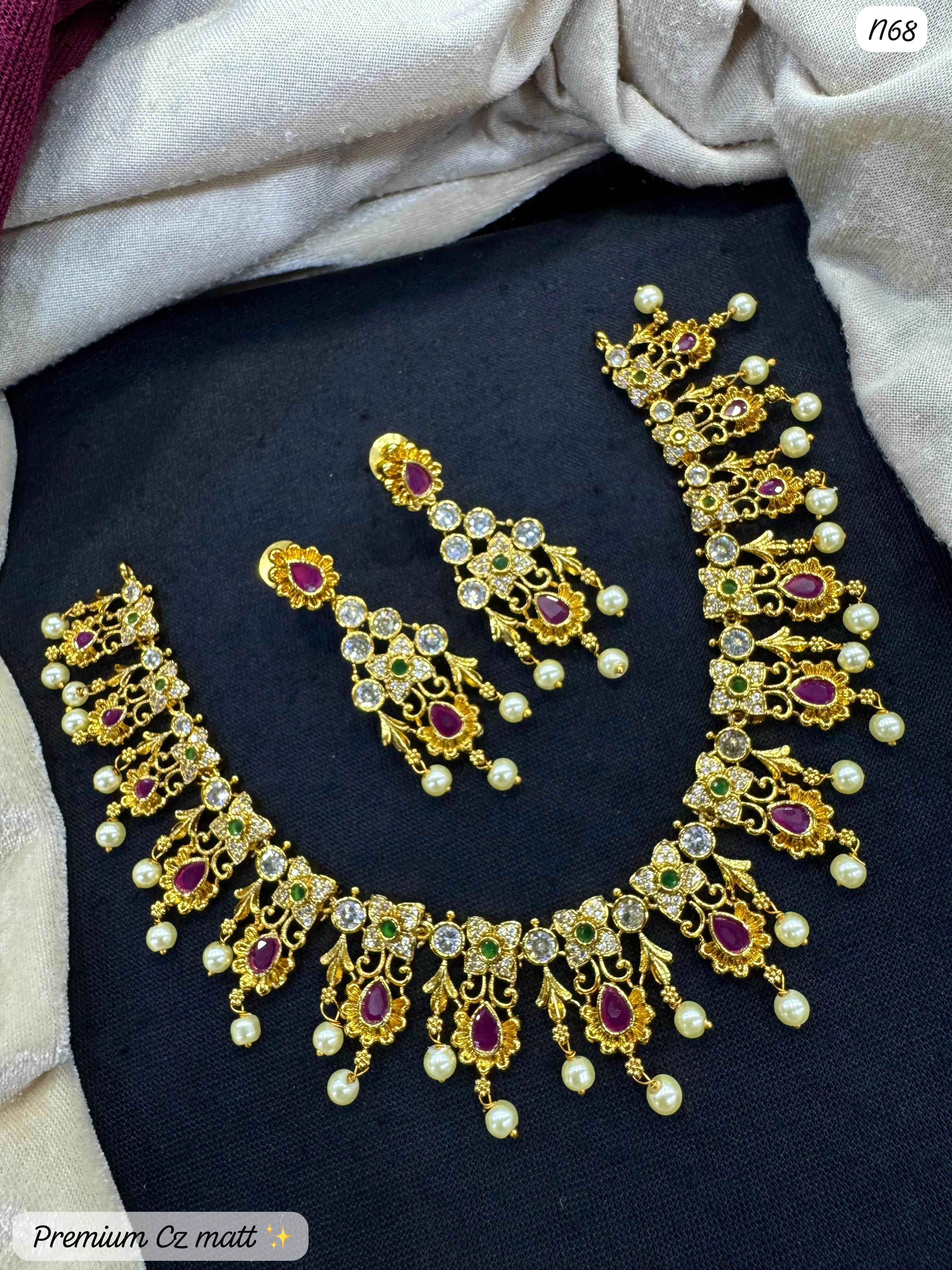 AD Matte Gold Necklace Set with Ruby & Pearl Drops – Lucentemarket