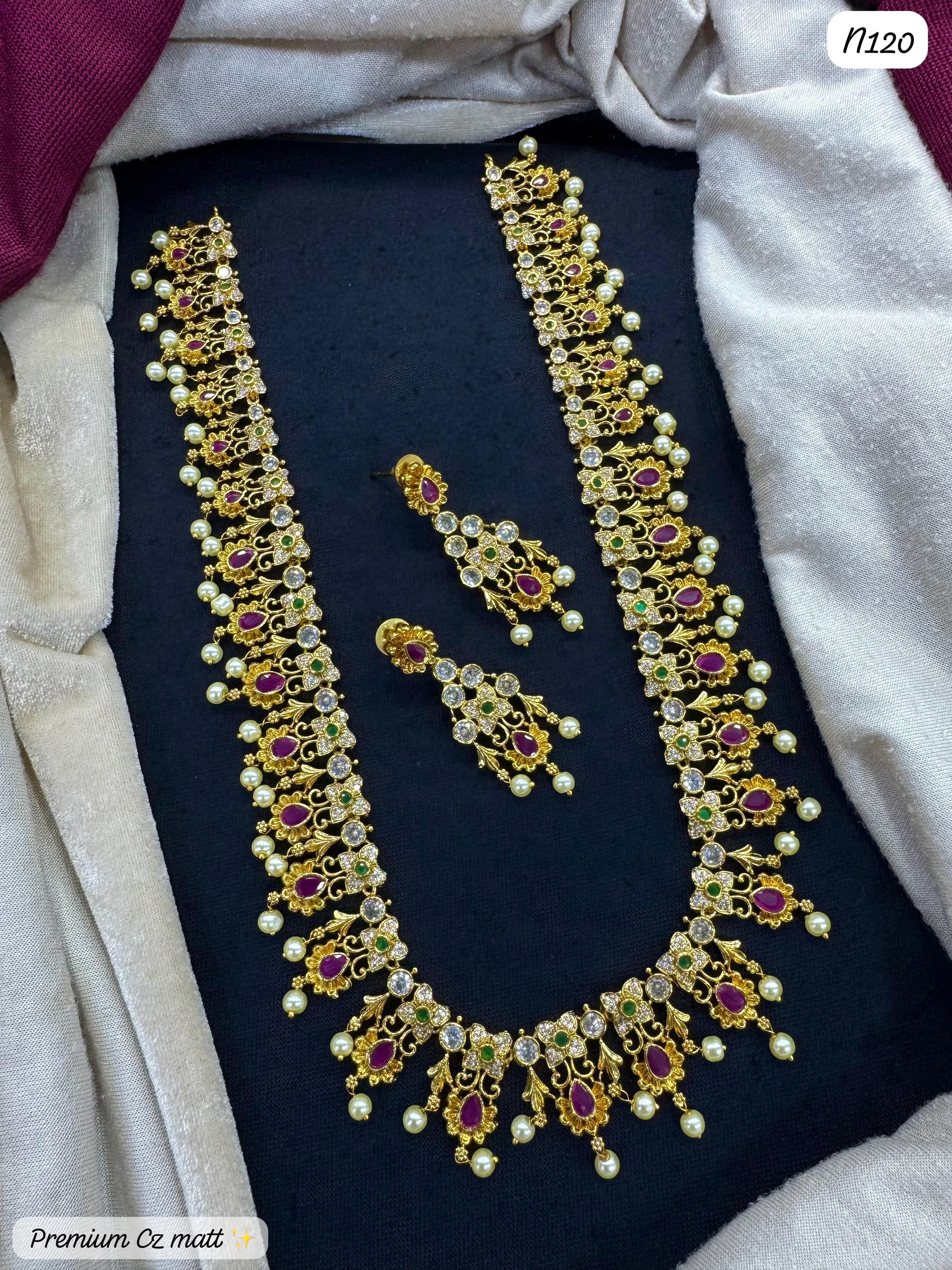 AD Matte Gold Necklace & Earrings – Ruby, Emerald & Pearl Accents