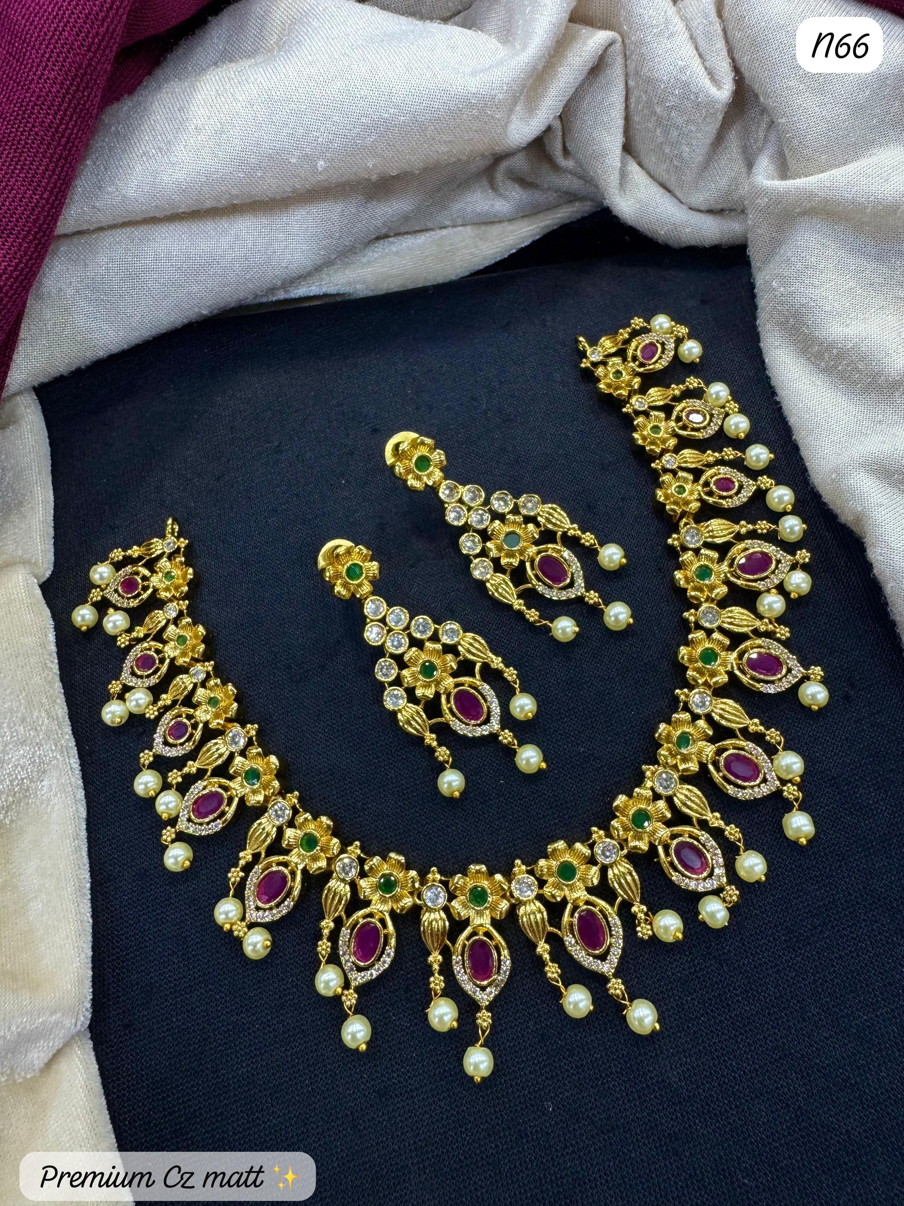 Ethnic Matte Gold AD Necklace Set with Ruby & Pearl Drops