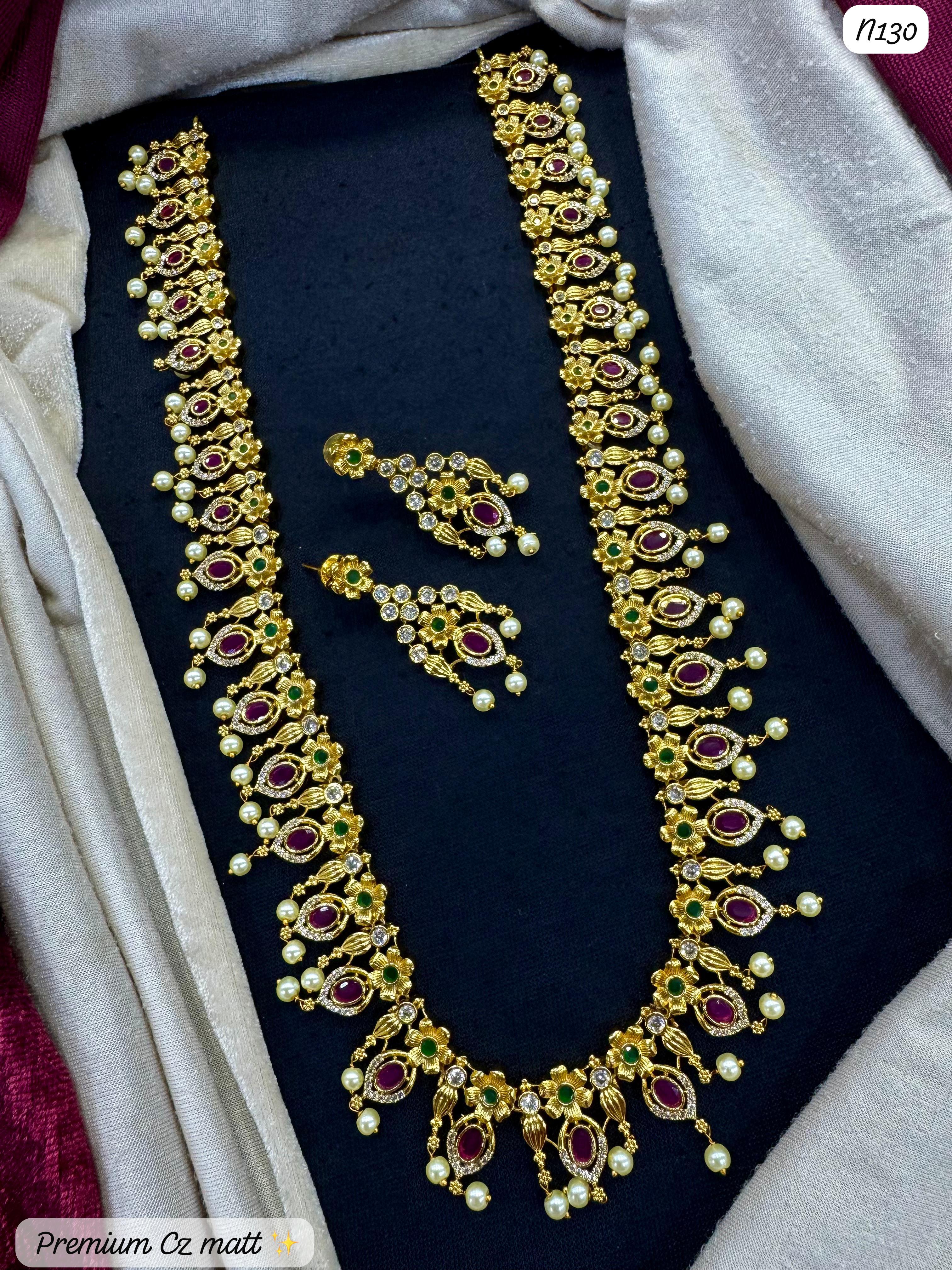 Premium AD Matte Finish Gold-Plated Necklace & Earrings Set