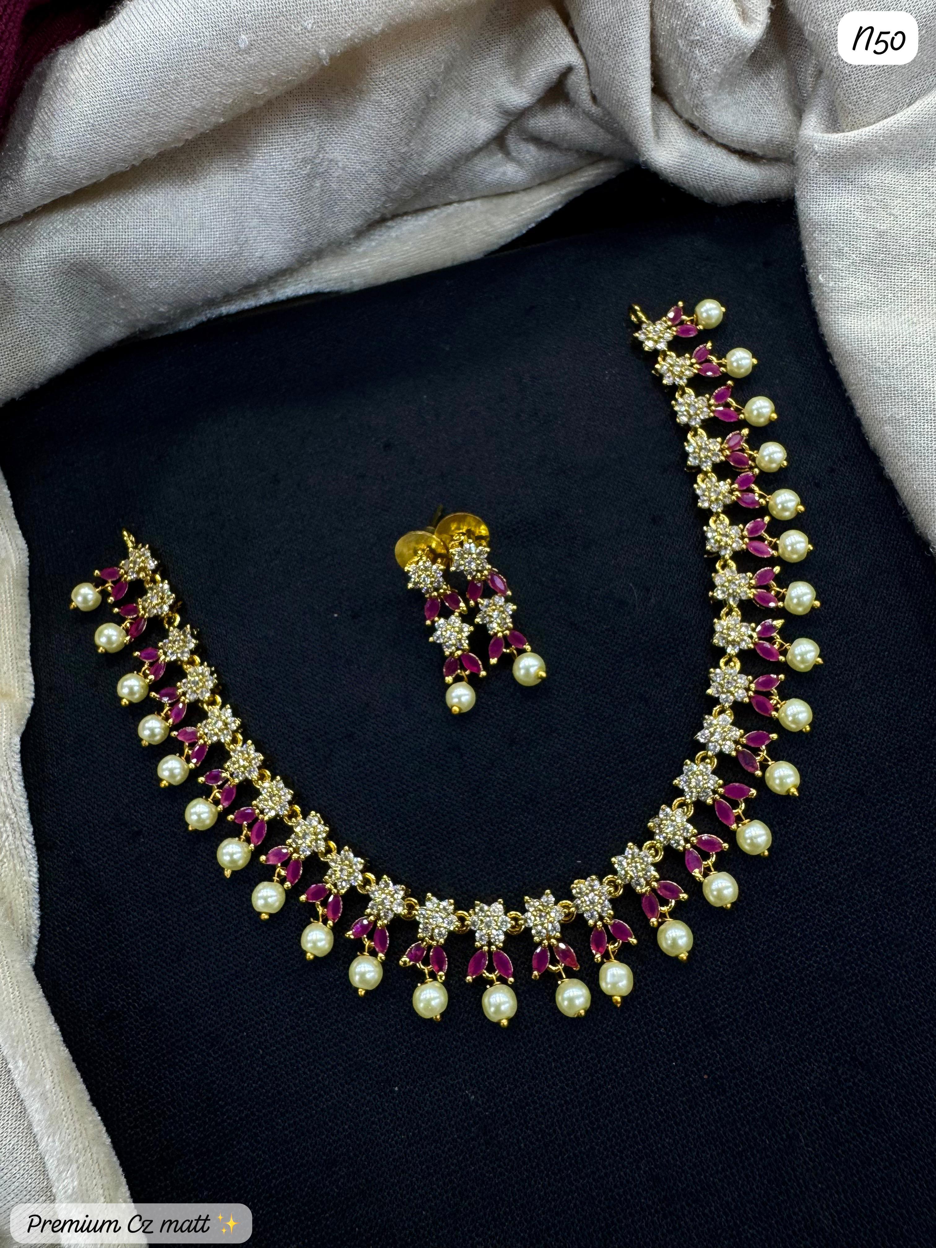 AD Matte Necklace & Earring Set with Ruby Stones & Pearl Drops