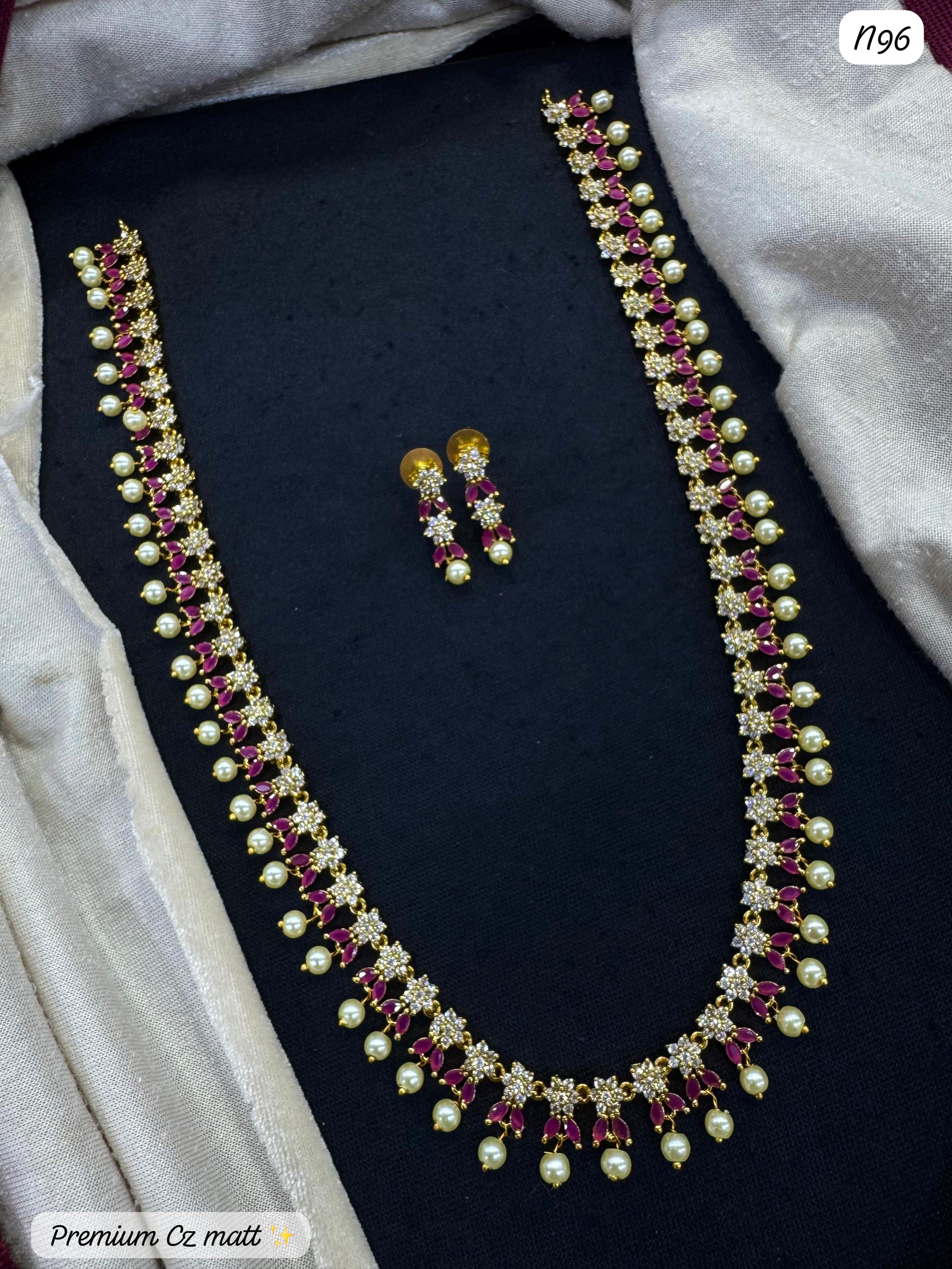 Premium AD Necklace Set – Ruby & Pearl Design with Matching Earrings