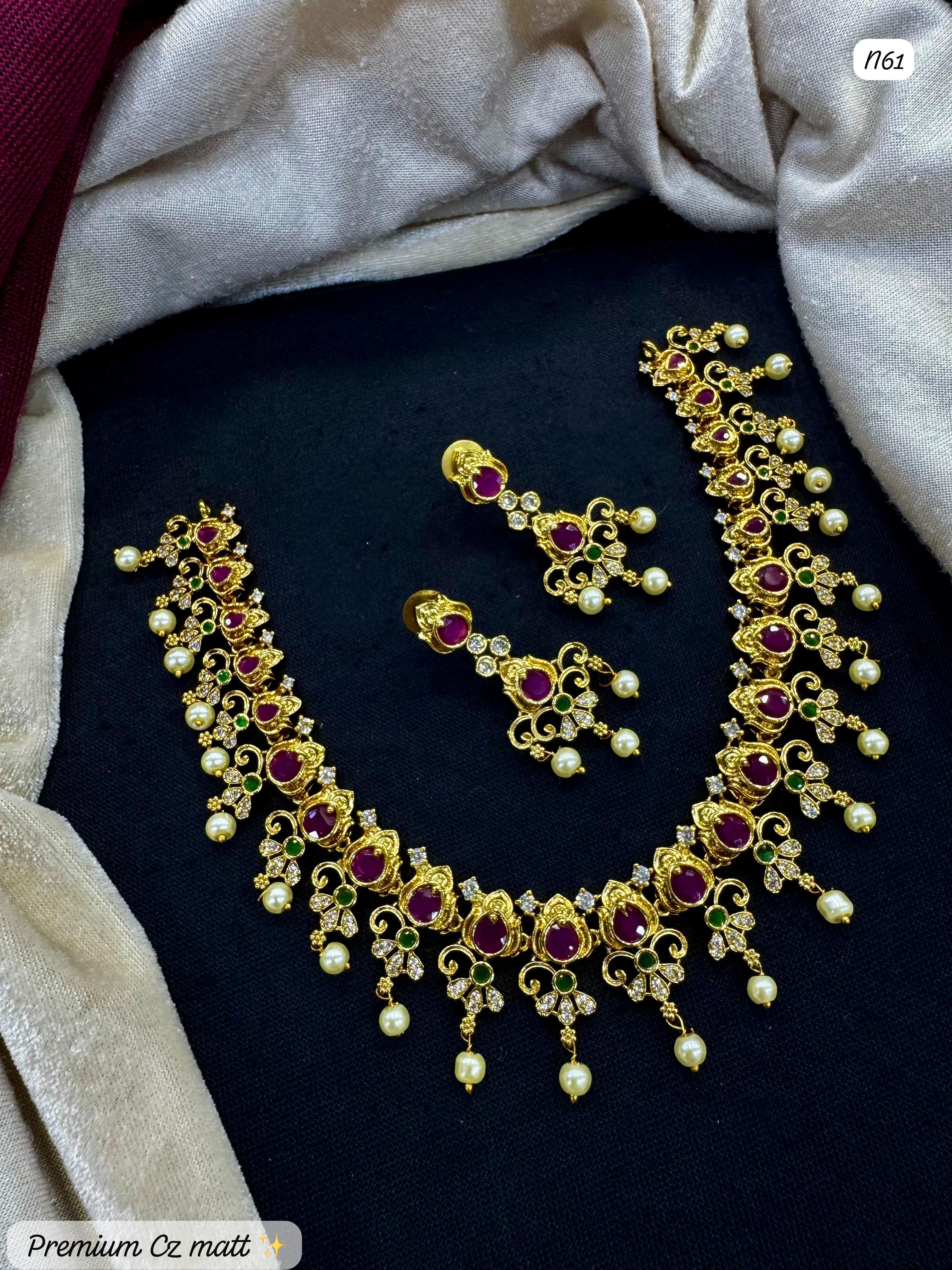 Traditional AD Matte Ruby & Pearl Necklace Set with Green Stone Accents - Lucentemarket