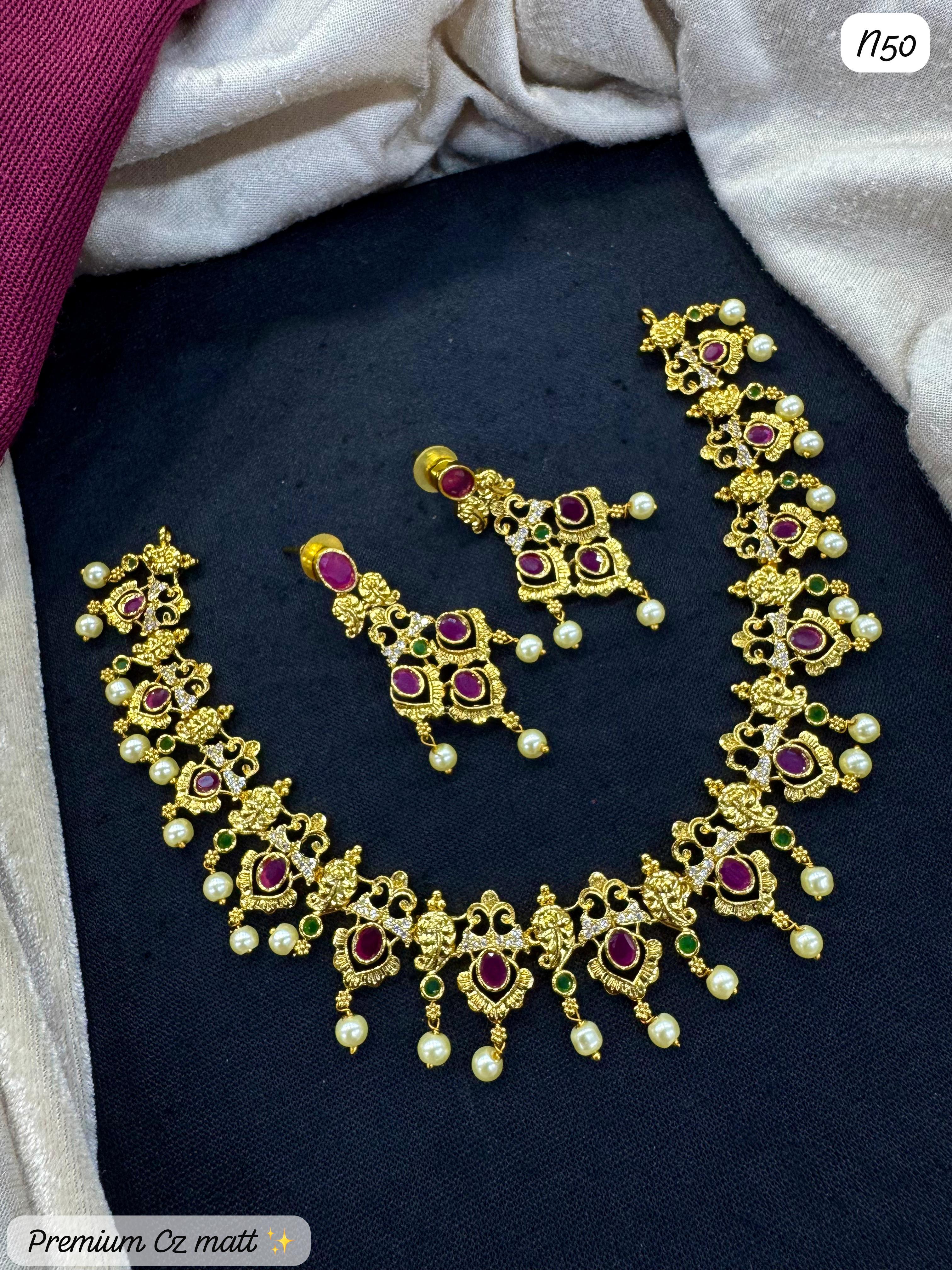 AD Necklace Set with Ruby & Pearl Detailing – Premium Traditional Temple Jewelry