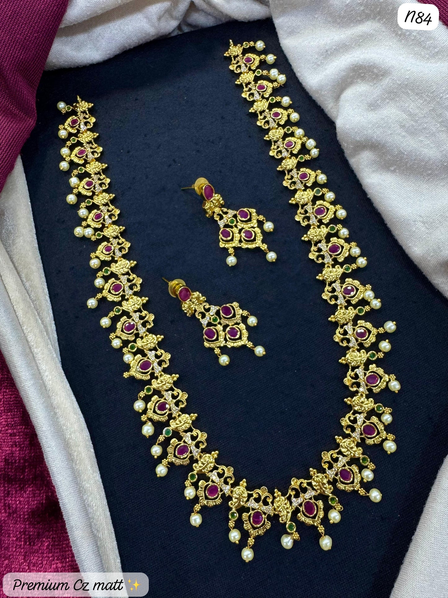 AD Long Necklace Set with Ruby & Pearl Drops – Premium Temple Jewelry