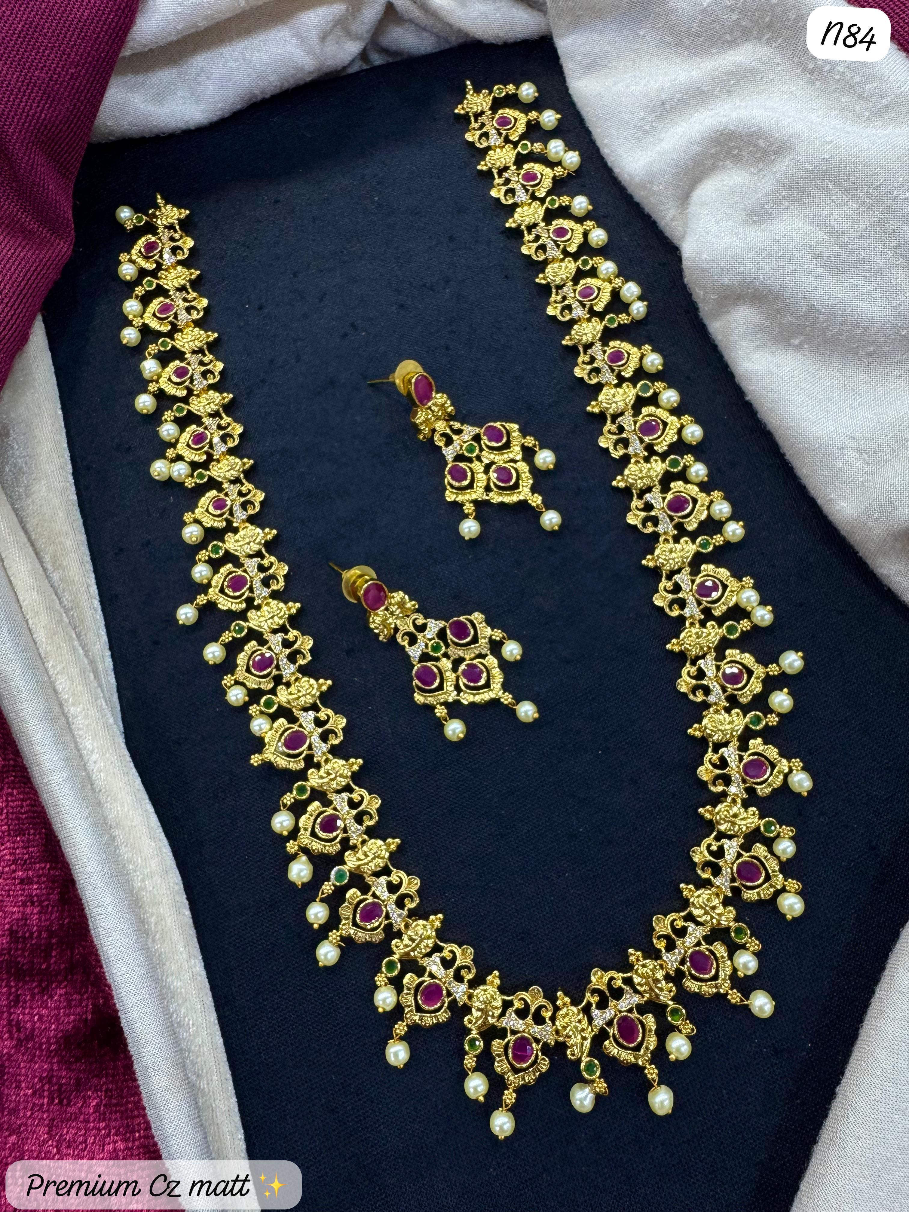 AD Long Necklace Set with Ruby & Pearl Drops – Premium Temple Jewelry