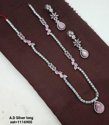 Elegant American Diamond Long Necklace Set with Matching Earrings – Silver Finish