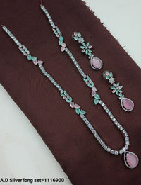 Elegant American Diamond Long Necklace Set with Matching Earrings – Silver Finish