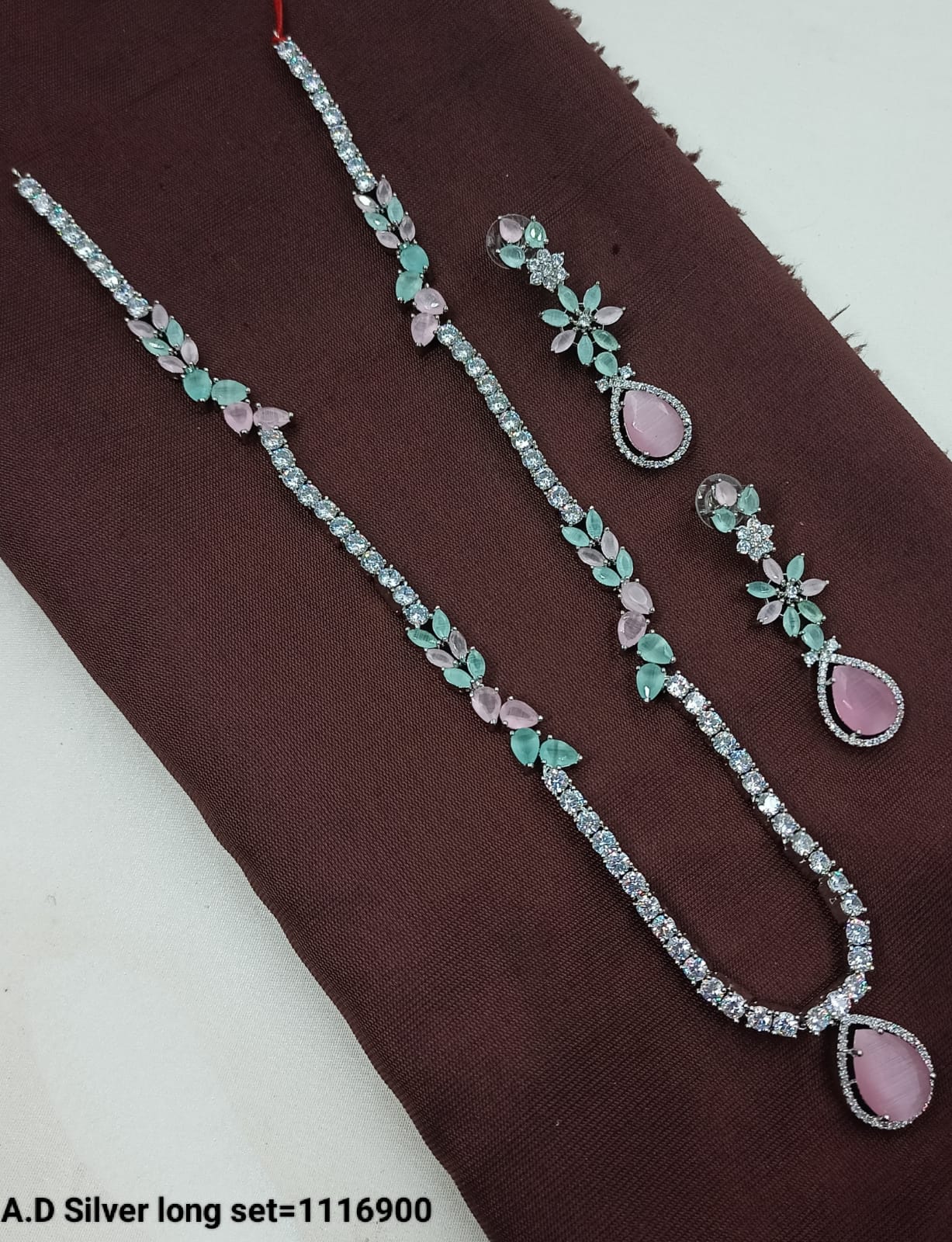 Elegant American Diamond Long Necklace Set with Matching Earrings – Silver Finish