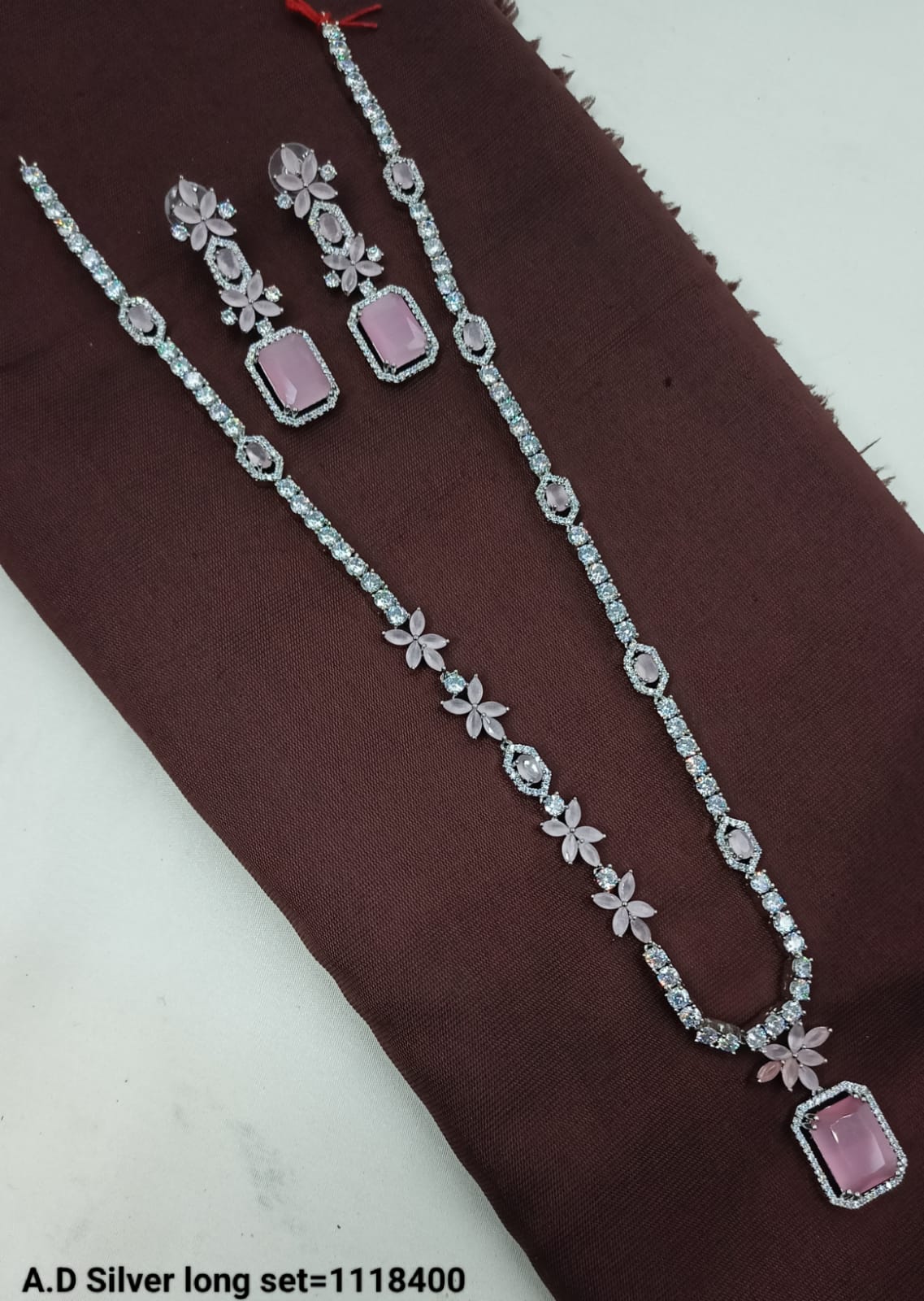 Elegant Pink Gemstone & Silver Necklace Set with Matching Earrings – Luxury Long Design