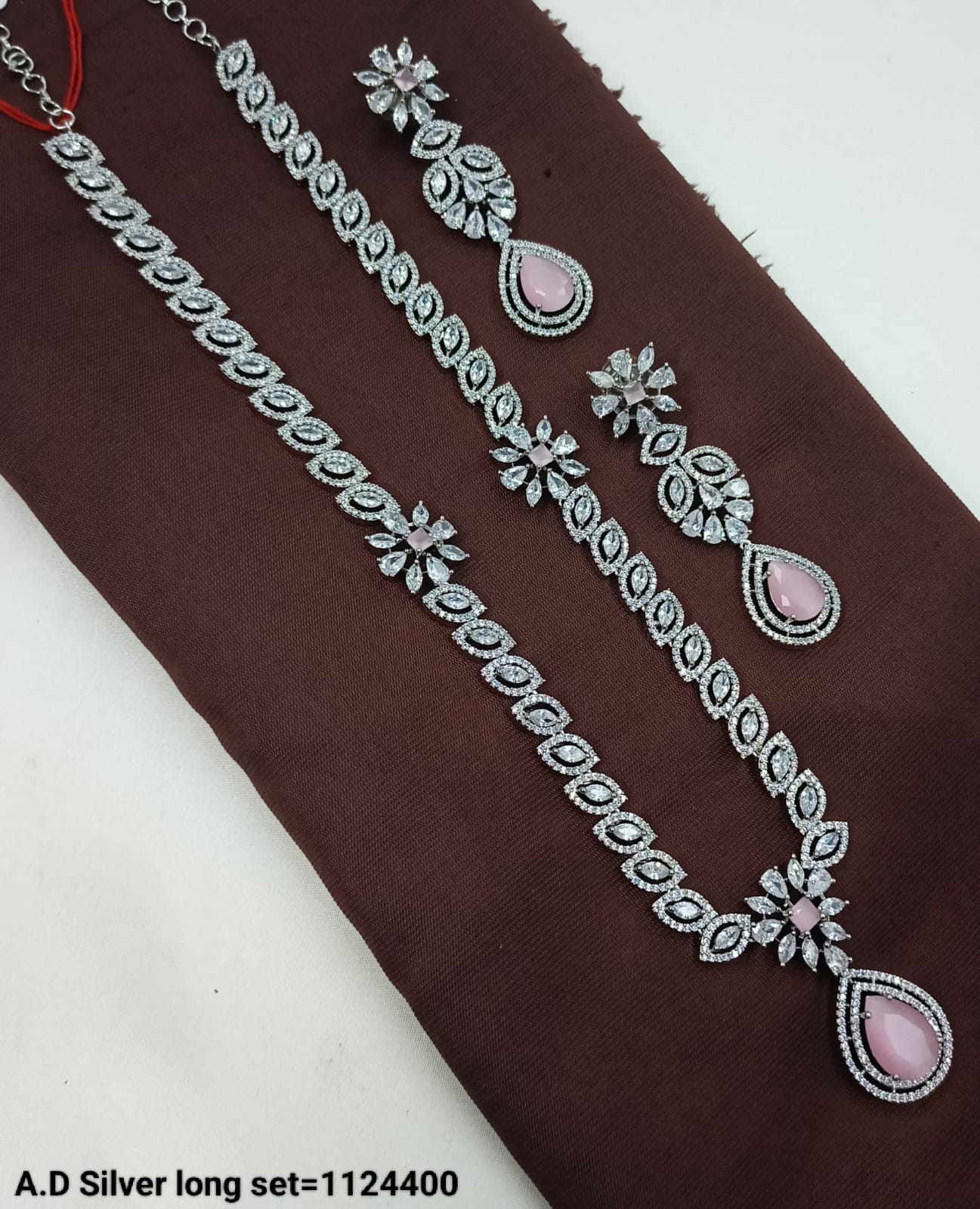 Elegant A.D Silver Long Necklace Set with Pink Gemstone Pendant & Matching Earrings