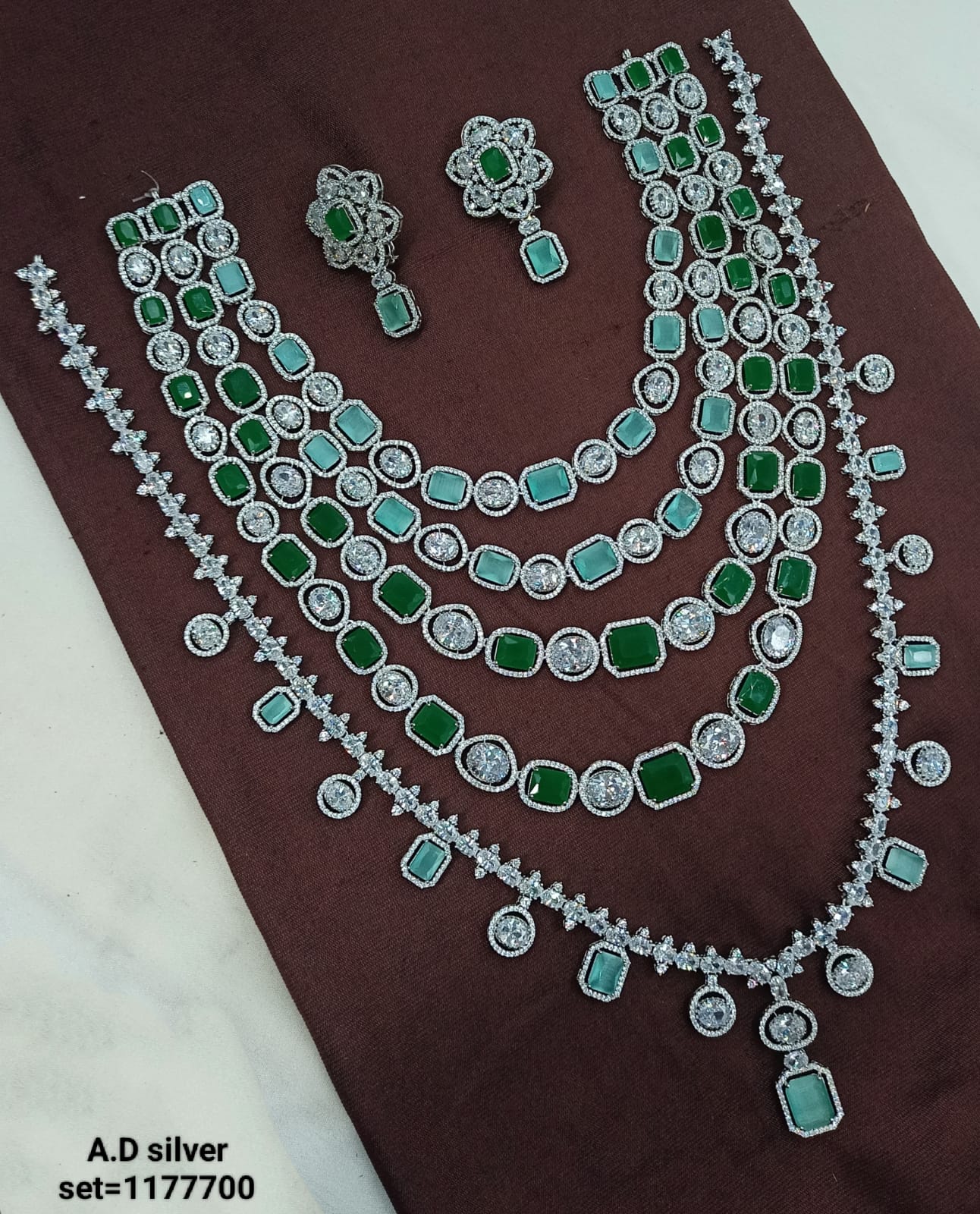 Elegant A.D Silver Multi-Layer Necklace Set with Green & Aqua Gemstones + Matching Earrings