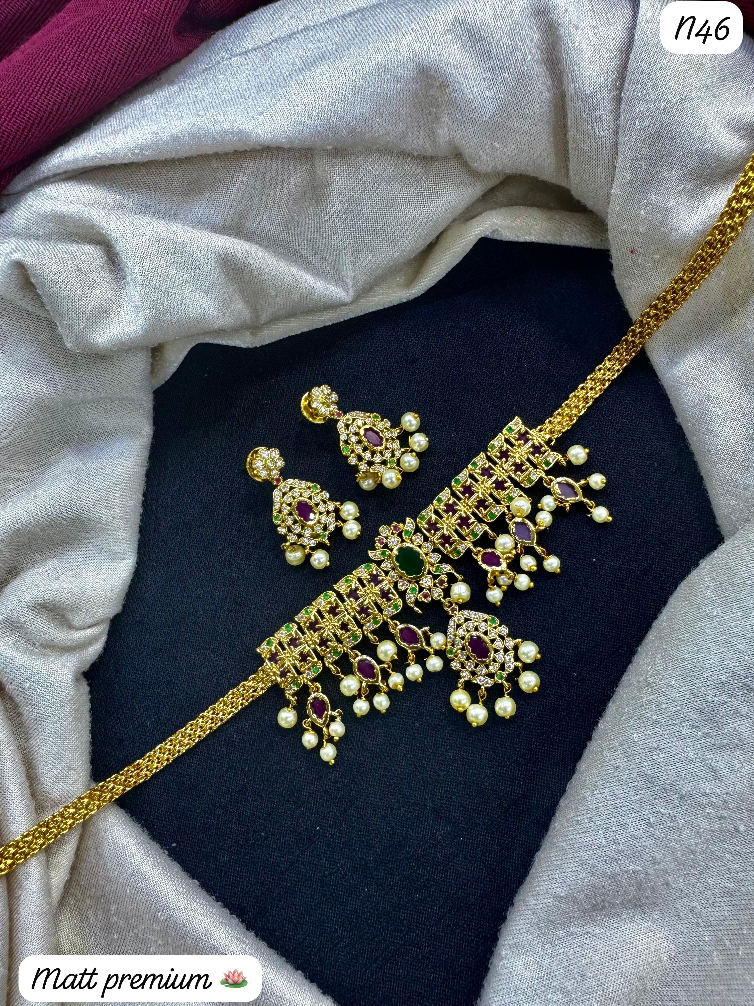 Matt Gold-Plated Necklace Set with AD Stones & Pearls – Premium Traditional Jewelry