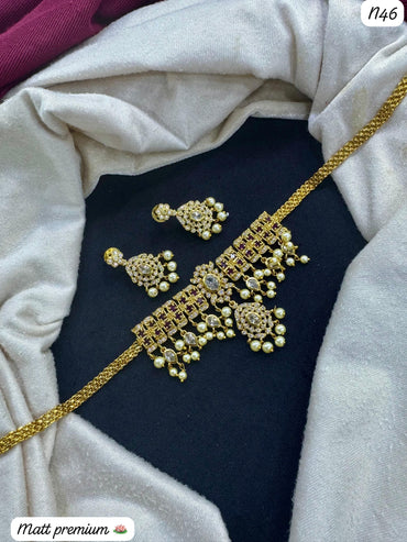 Matt Gold-Plated Necklace Set with AD Stones & Pearls – Premium Traditional Jewelry