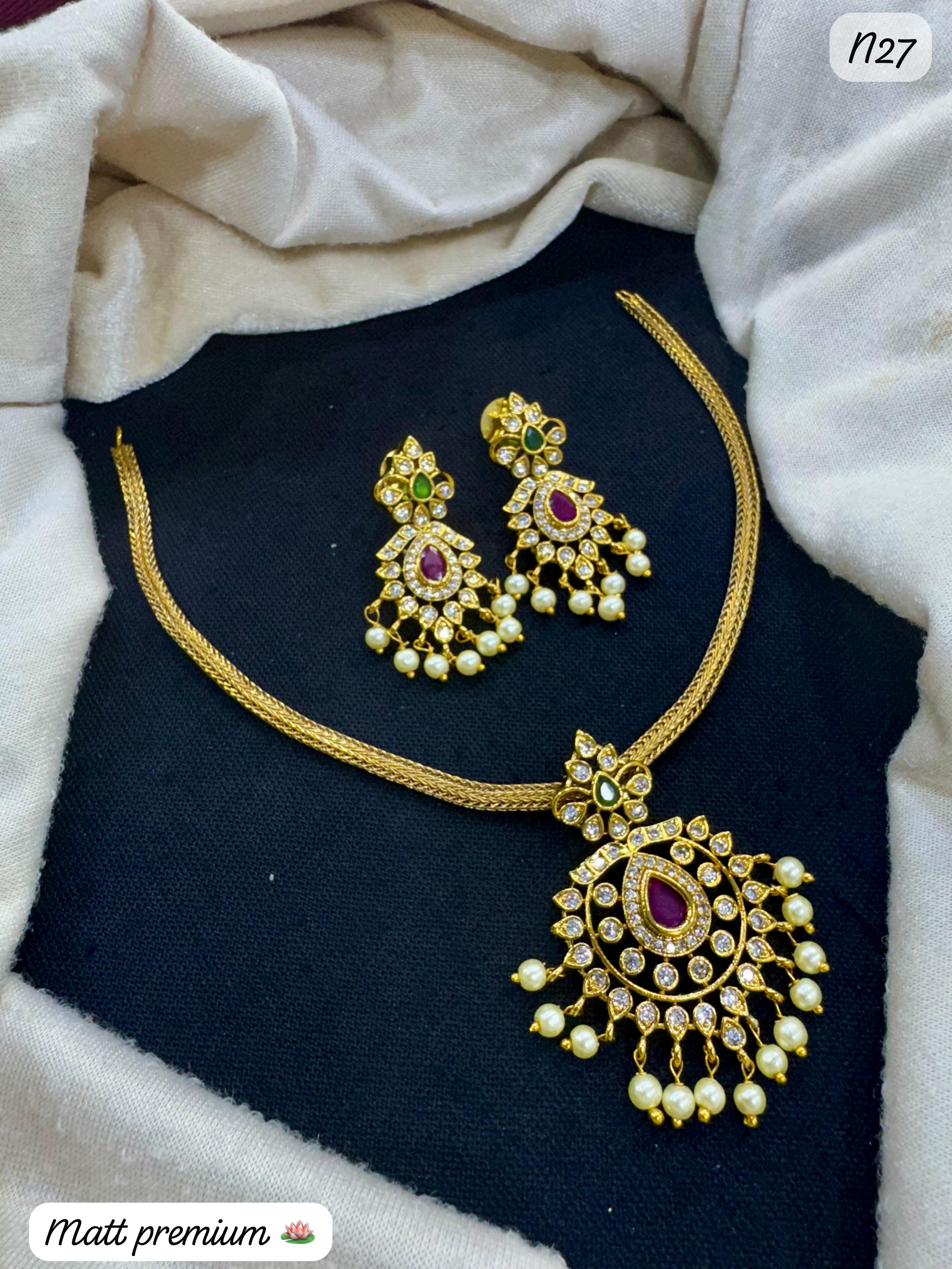Premium Teardrop Pendant Necklace Set with Earrings – Gold Finish, Ruby Stone & Pearl Accents