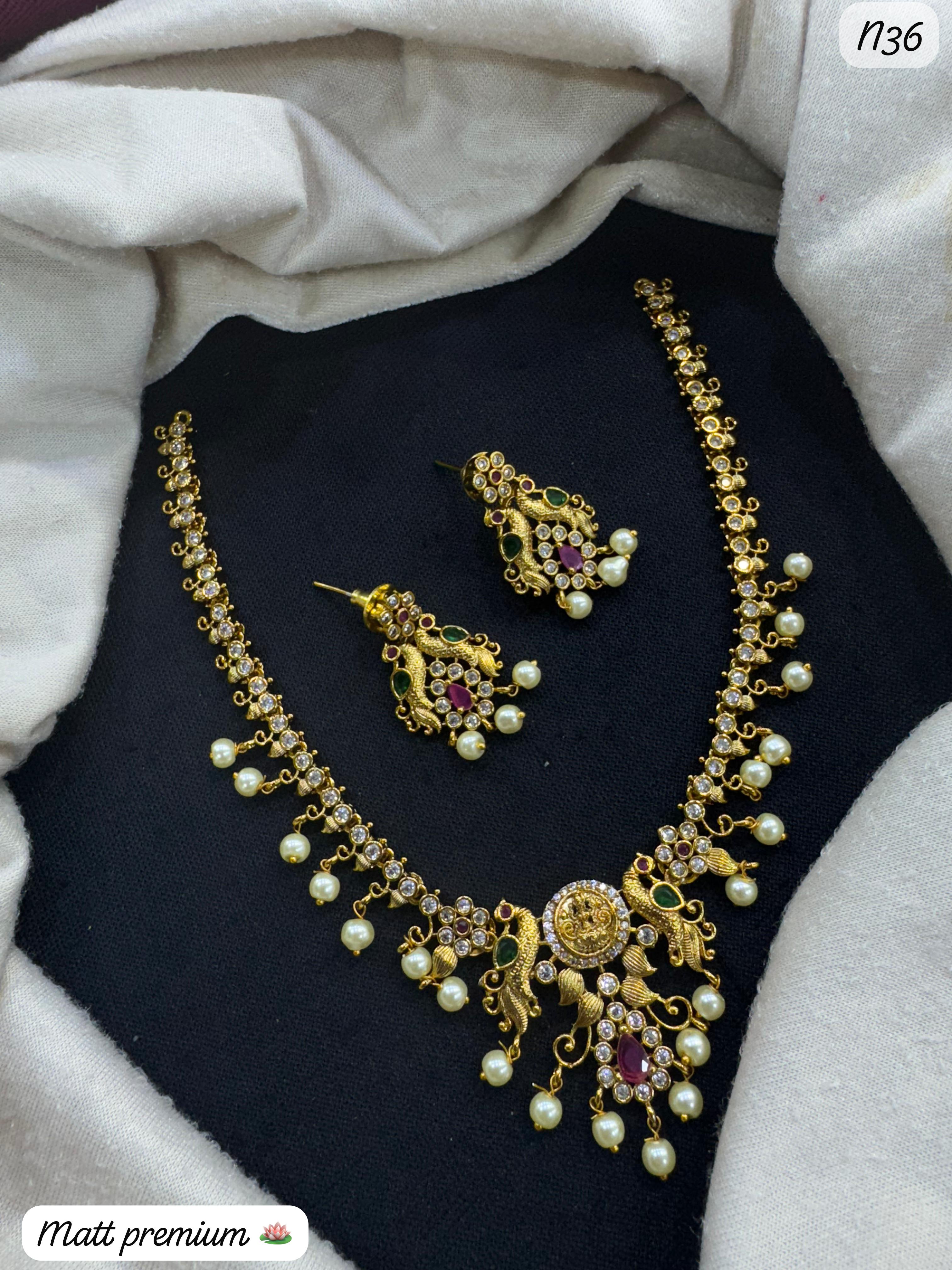 Elegant Premium Gold-Plated Necklace & Earring Set with AD Stones, Pearls & Gemstones