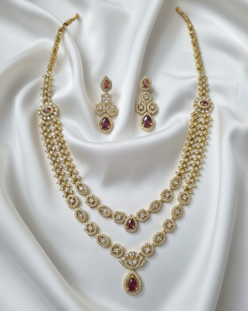 Ruby Red Stone & Gold Plated Double Row American Diamond Bridal Necklace Set