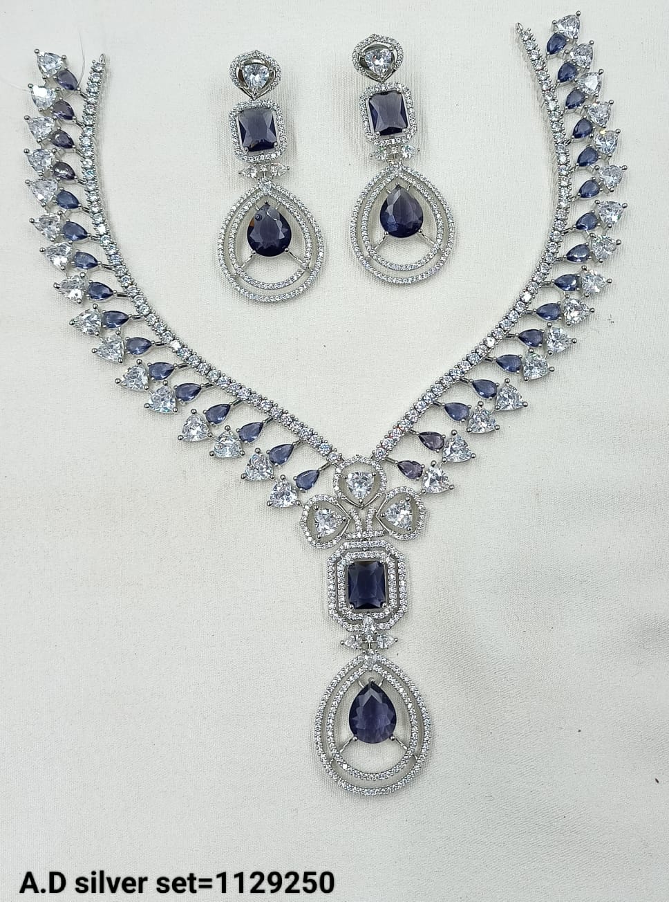 Silver-Plated AD Necklace Set with Matching Earrings – Bridal & Occasion Wear
