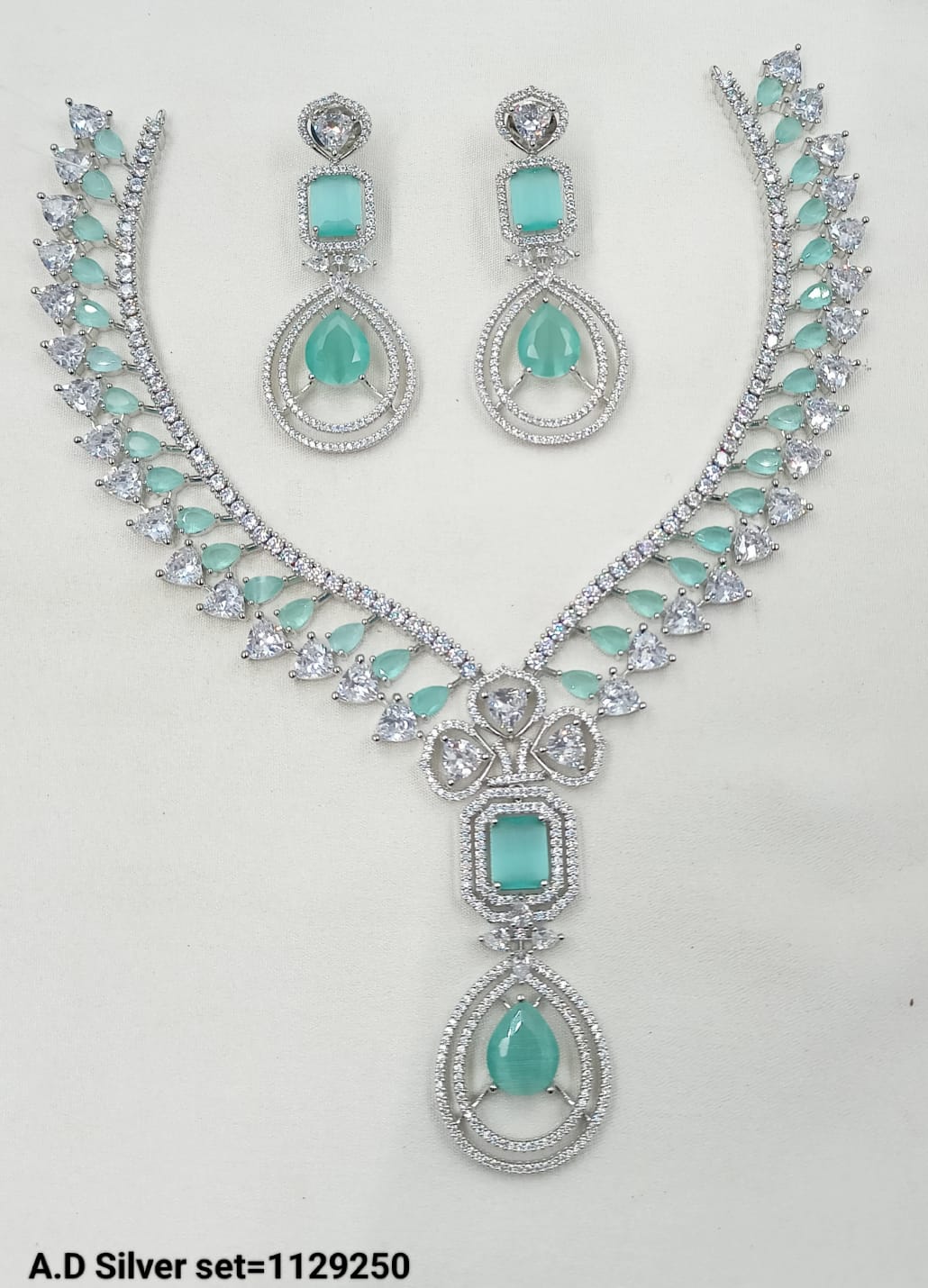 Silver-Plated AD Necklace Set with Matching Earrings – Bridal & Occasion Wear