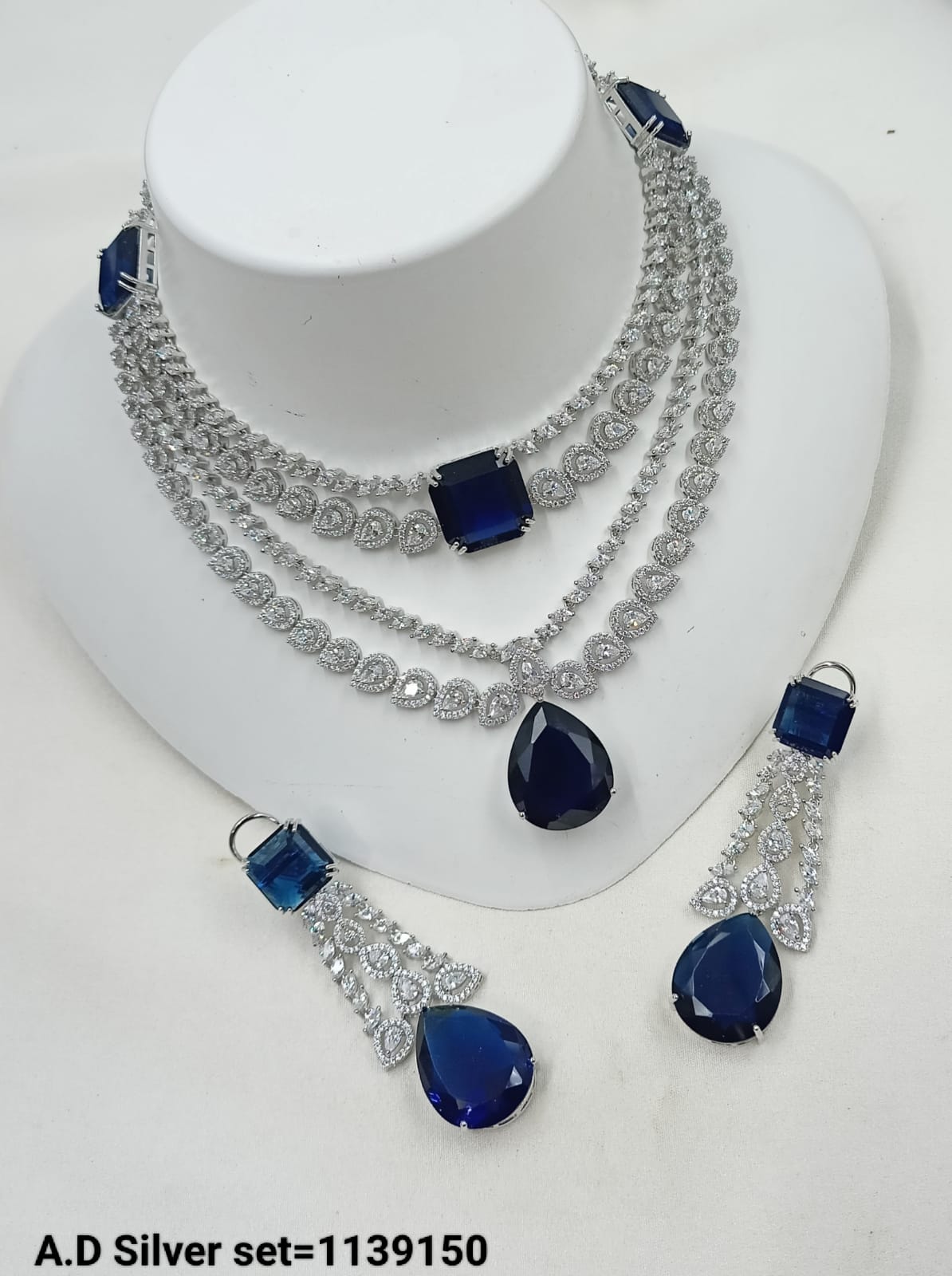 Luxury Silver-Plated AD Necklace Set with Layered Design – Bridal & Party Wear