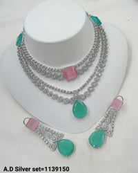 Luxury Silver-Plated AD Necklace Set with Layered Design – Bridal & Party Wear