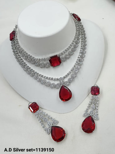 Luxury Silver-Plated AD Necklace Set with Layered Design – Bridal & Party Wear