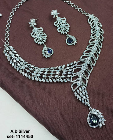 Elegant AD Silver Necklace and Earring Set – Stunning Design with Gemstone Accents