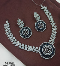 Floral Stone & American Diamond Necklace Set – Silver Finish