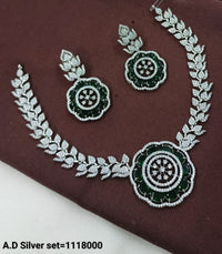 Floral Stone & American Diamond Necklace Set – Silver Finish