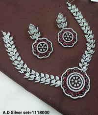 Floral Stone & American Diamond Necklace Set – Silver Finish