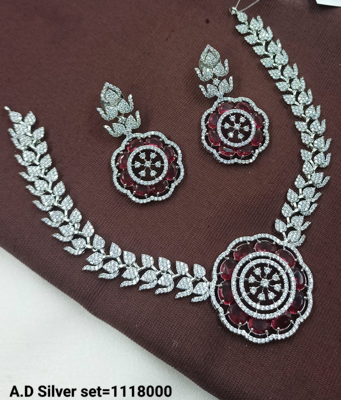 Floral Stone & American Diamond Necklace Set – Silver Finish