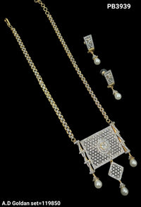 Elegant AD Pendant Necklace Set with Earrings – Gold-Toned Finish & Pearl Drops