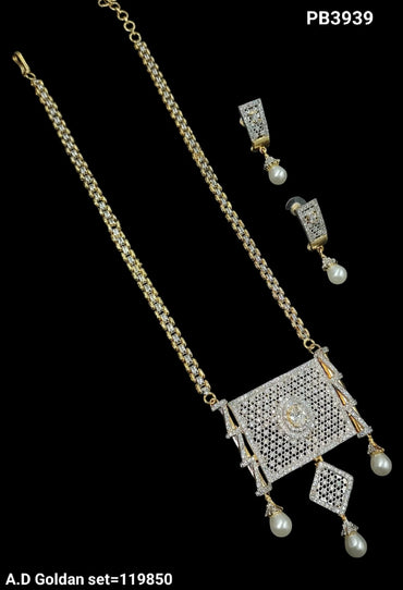 Elegant AD Pendant Necklace Set with Earrings – Gold-Toned Finish & Pearl Drops