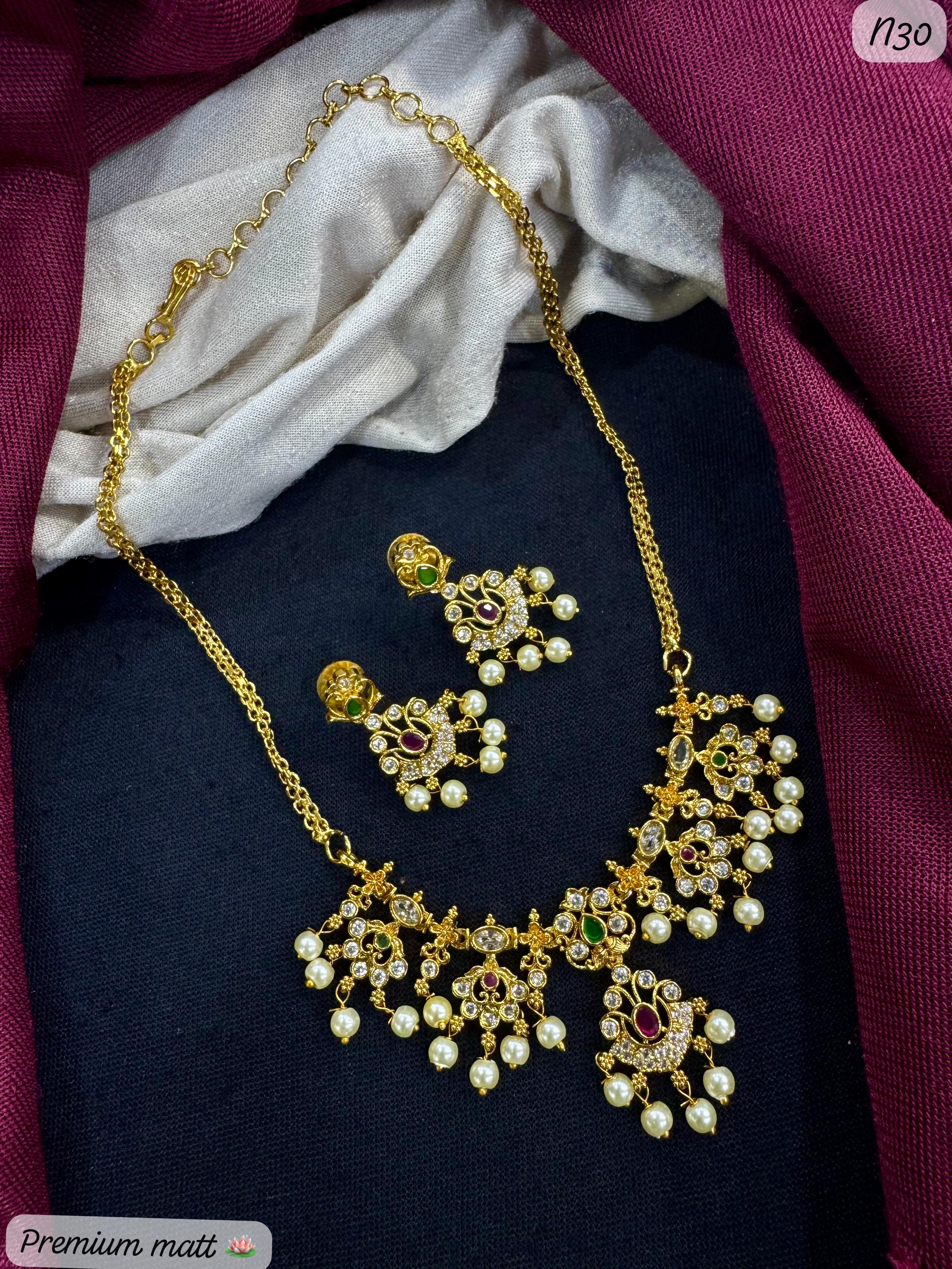 Premium Matte Gold Necklace Set with Hanging Pearls – Traditional Multi-Stone Design