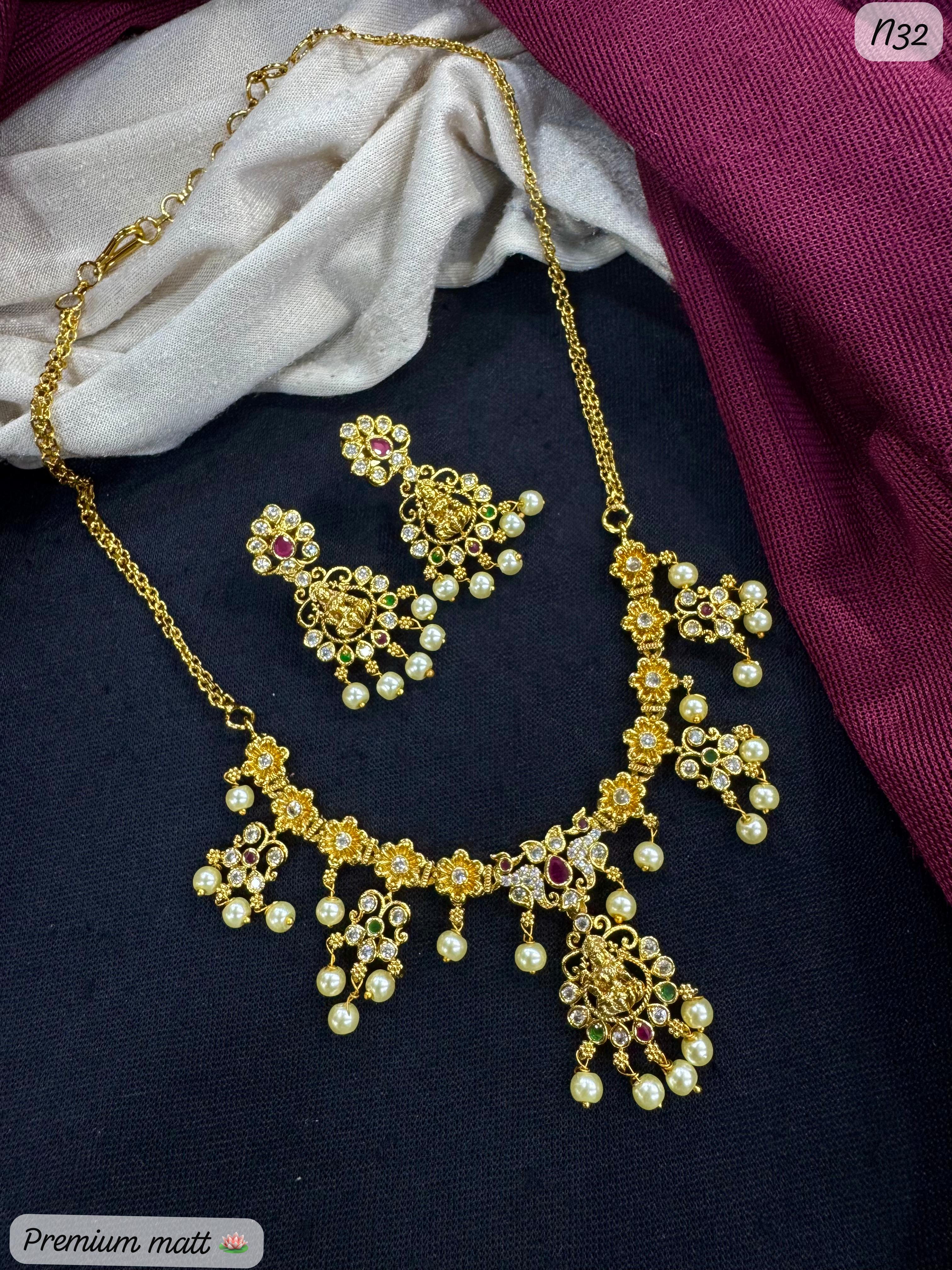 Premium Mata Lakshmi AD Necklace Set – Gold Finish with Hanging Pearls