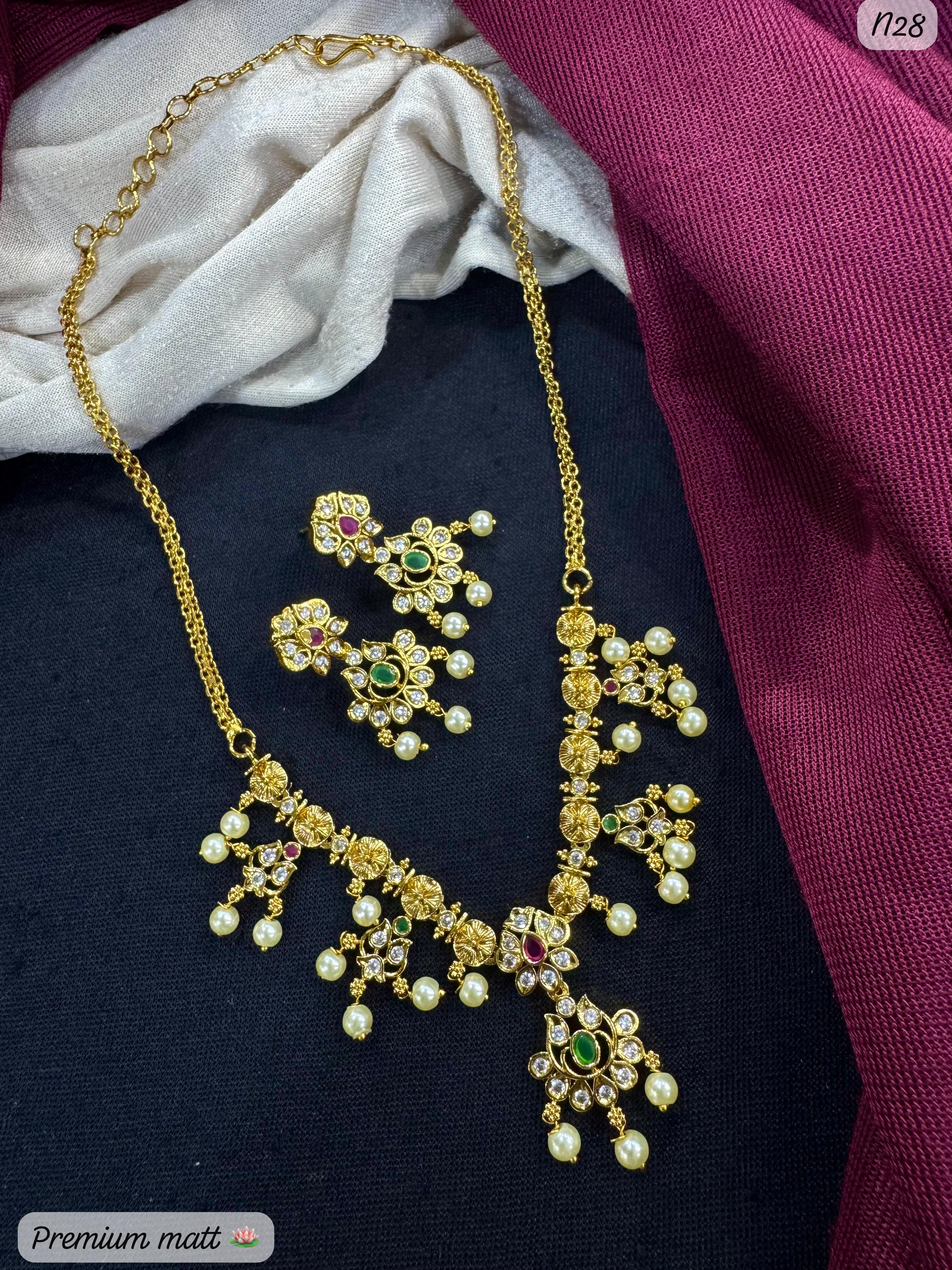 Premium AD Temple Necklace Set with Pearl Drops & Matching Earrings