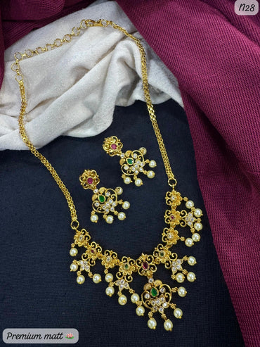 Elegant Gold-Plated Lotus Design AD Necklace Set with Pearl Drops & Matching Earrings