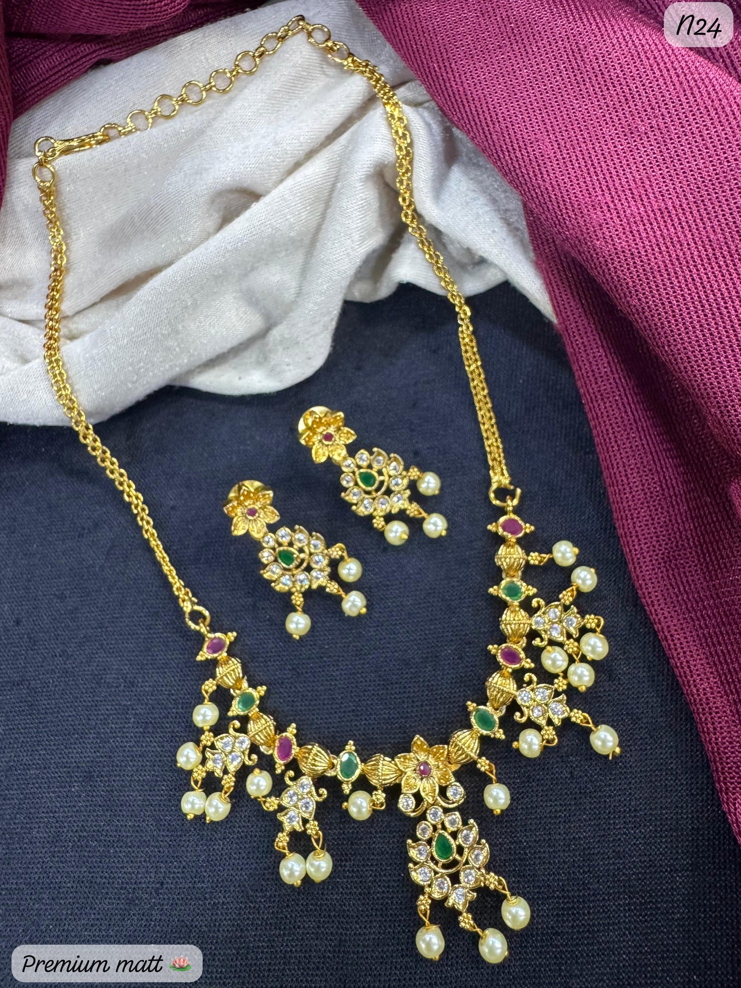 Gold-Plated Floral & Leaf Design AD Necklace Set with Pearl Drops and Matching Earrings
