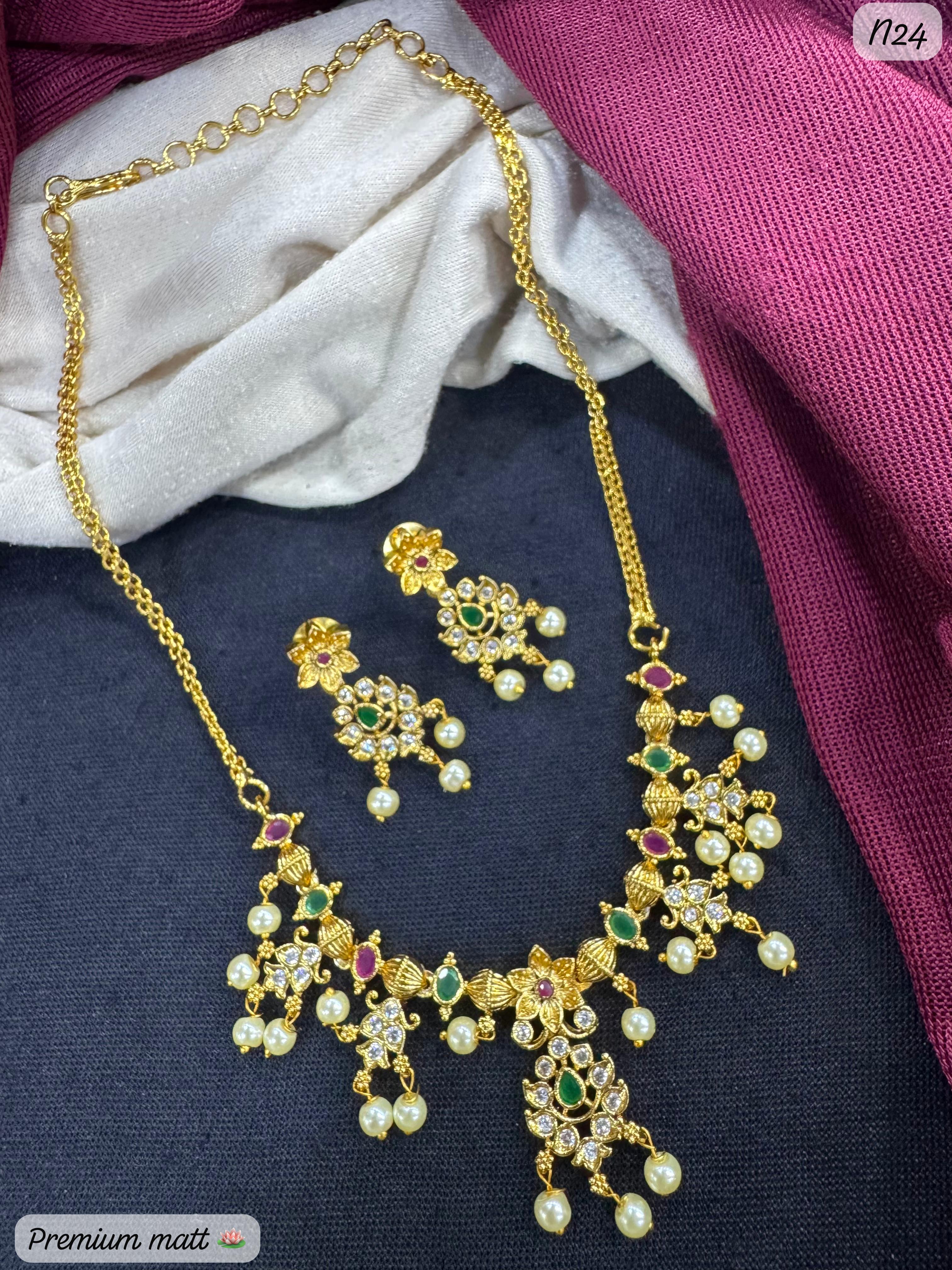 Gold-Plated Floral & Leaf Design AD Necklace Set with Pearl Drops and Matching Earrings