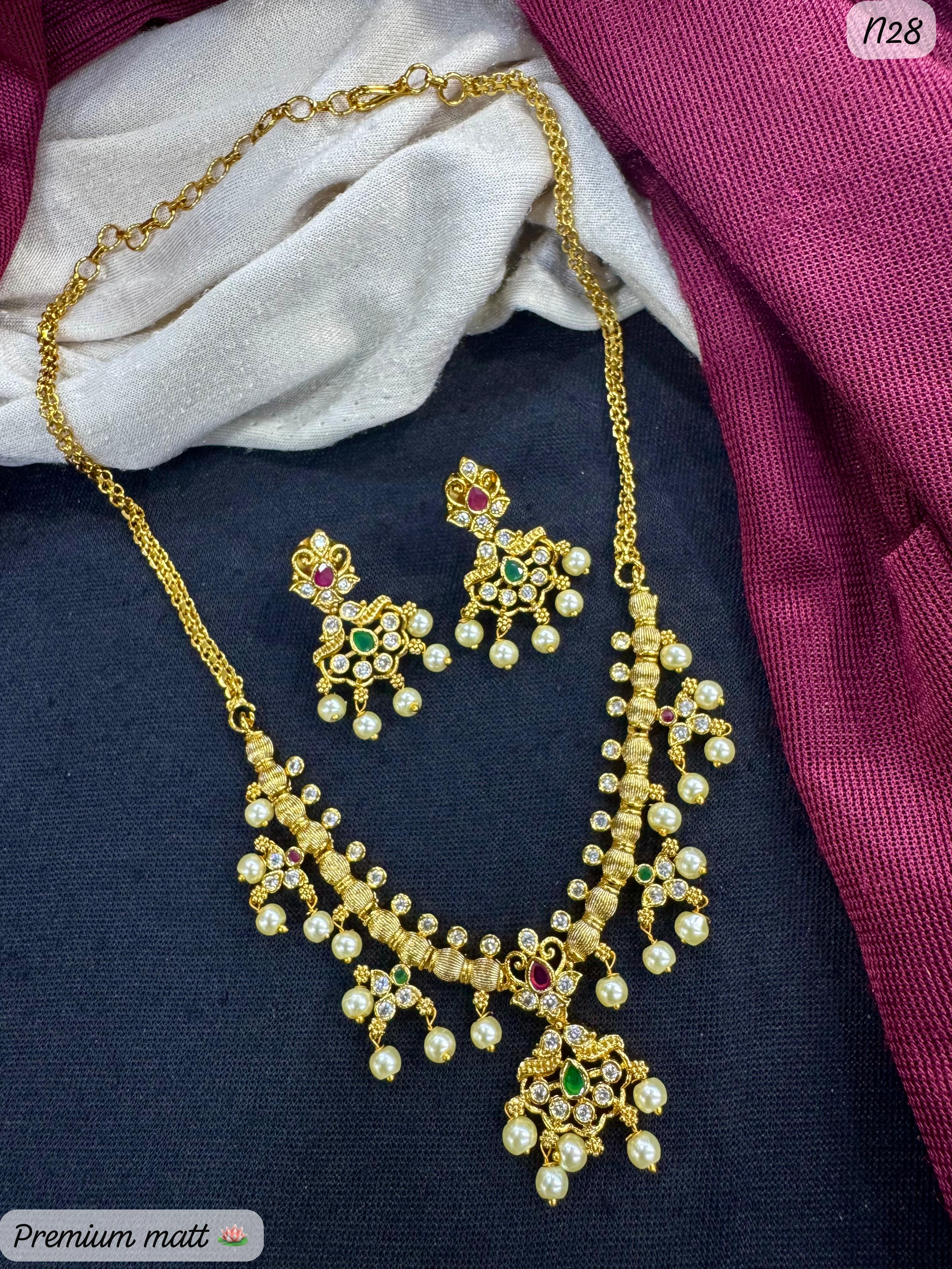 Premium Matte Gold-Plated Temple Design AD Necklace Set with Pearl Drops & Matching Earrings