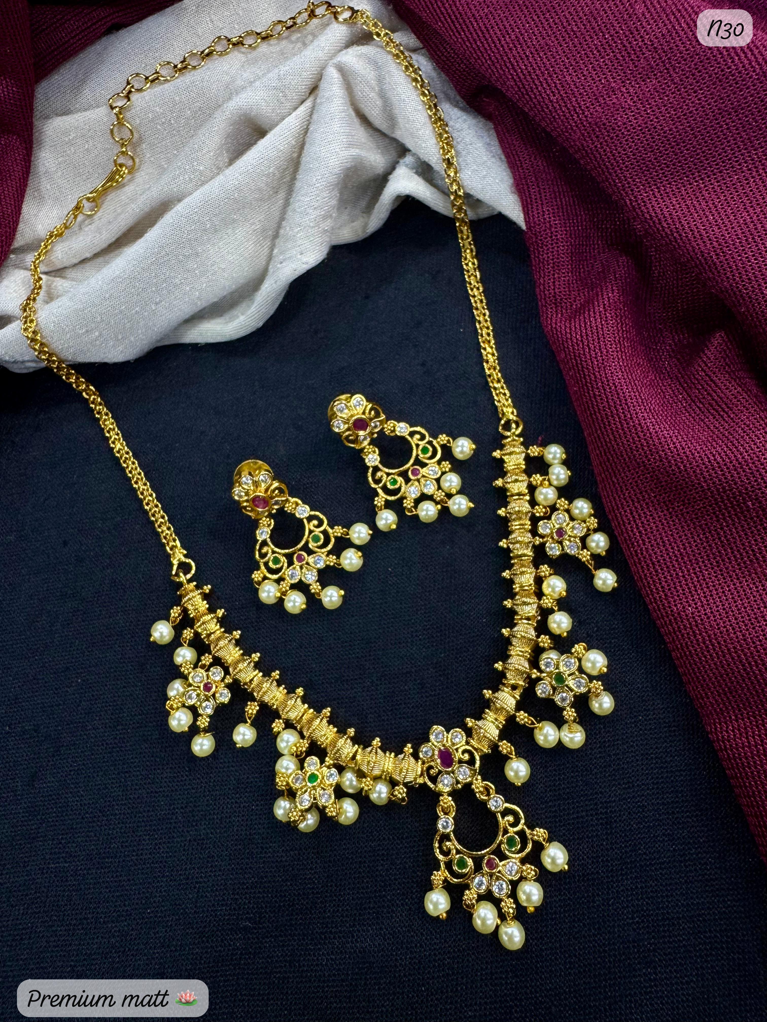 Premium Gold-Plated AD Necklace Set with Floral & Beaded Accents – Matching Earrings