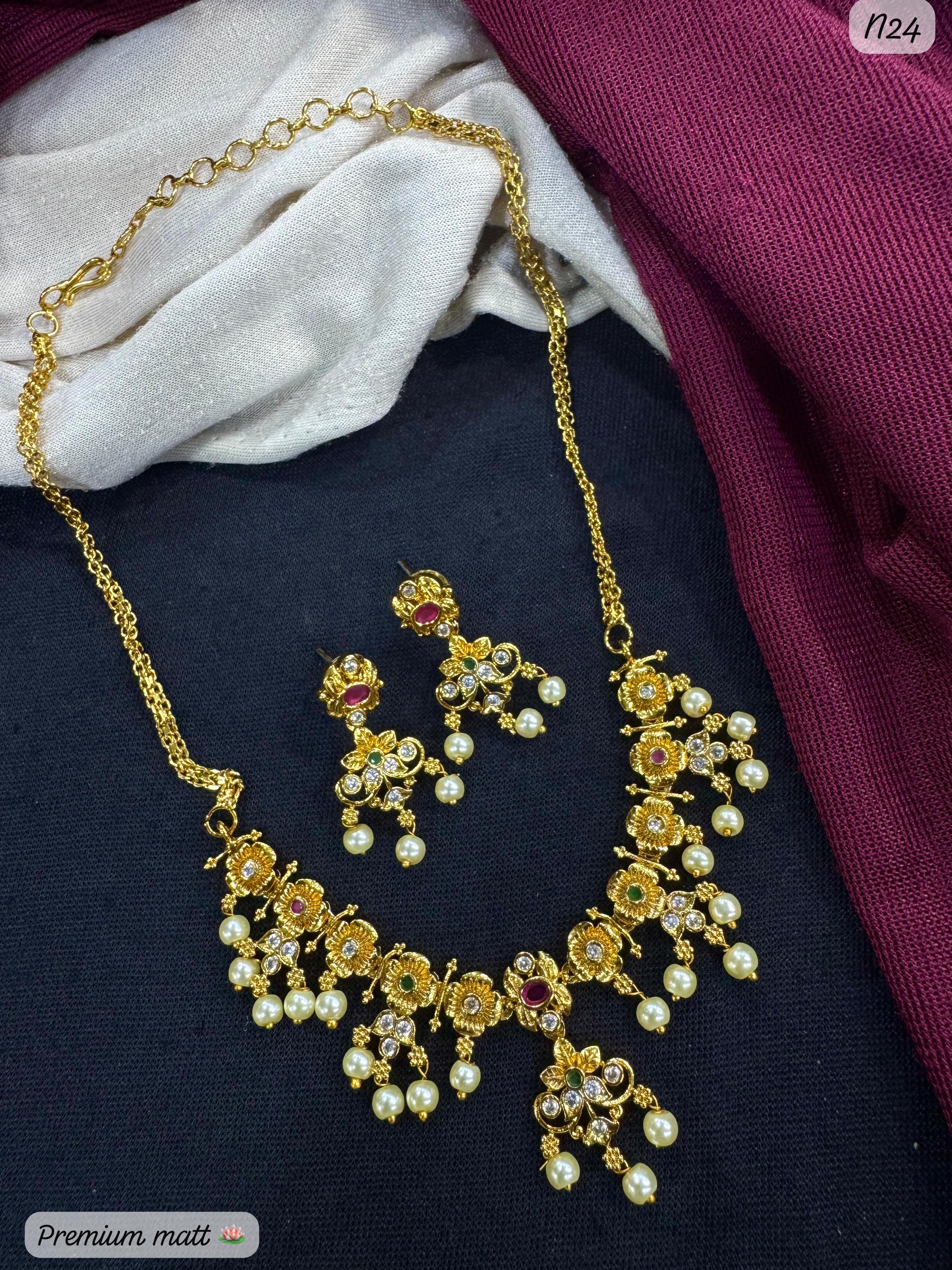 Premium Gold-Plated Floral AD Necklace Set with Pearl Drops & Matching Earrings