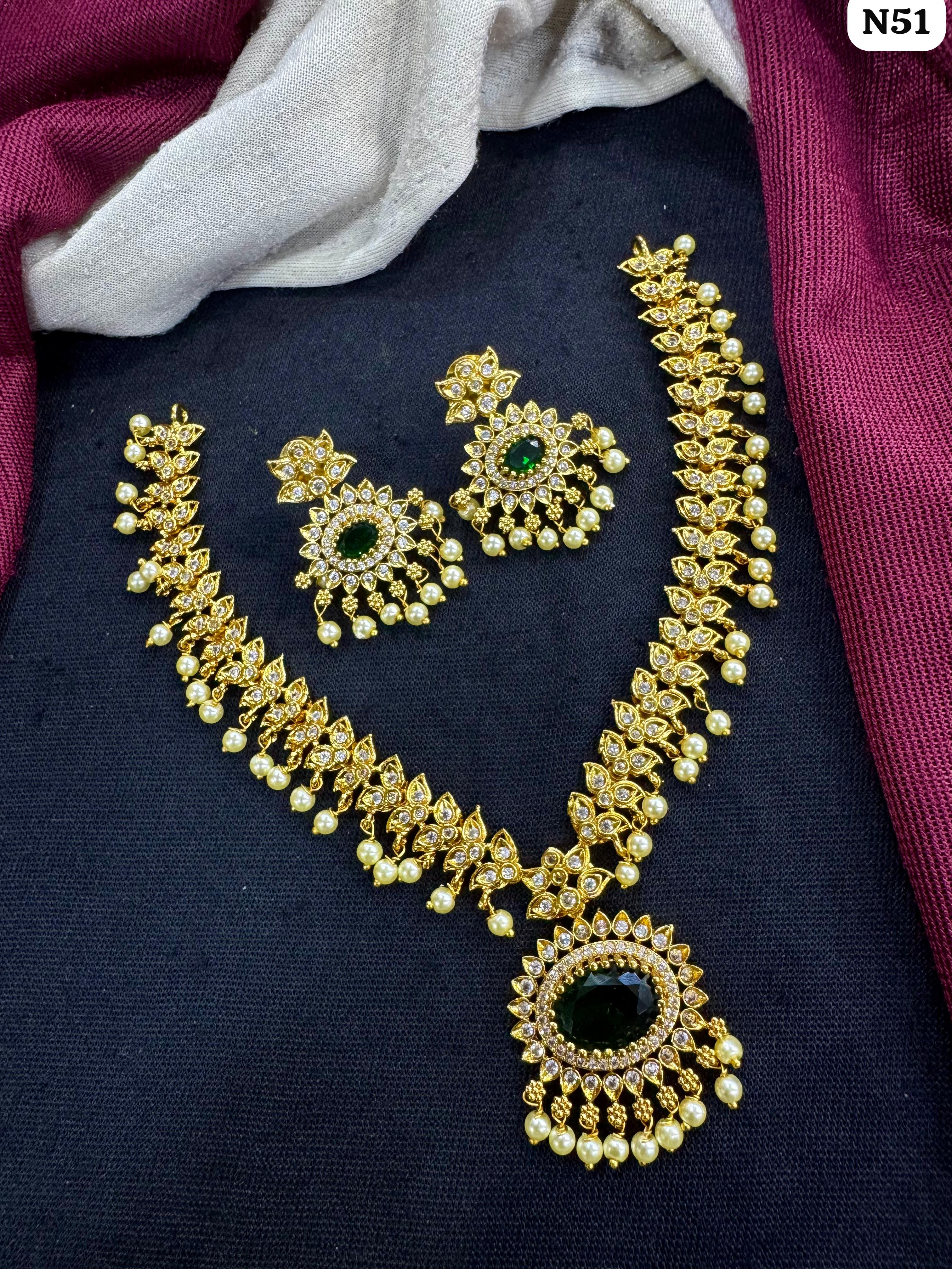 Royal Pearl Drop Gold-Plated AD Necklace Set With Matching Earrings