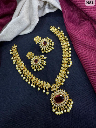 Royal Pearl Drop Gold-Plated AD Necklace Set With Matching Earrings