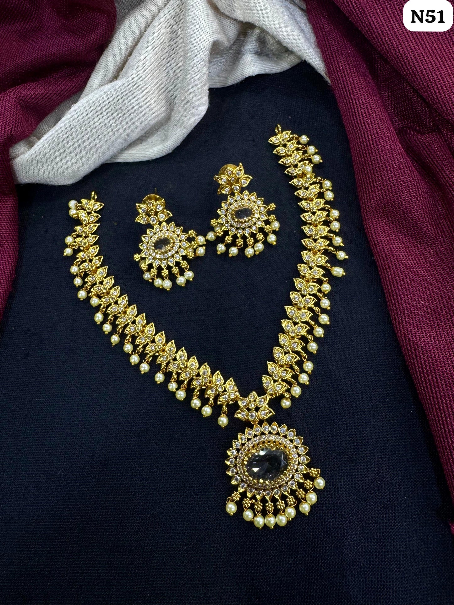 Royal Pearl Drop Gold-Plated AD Necklace Set With Matching Earrings